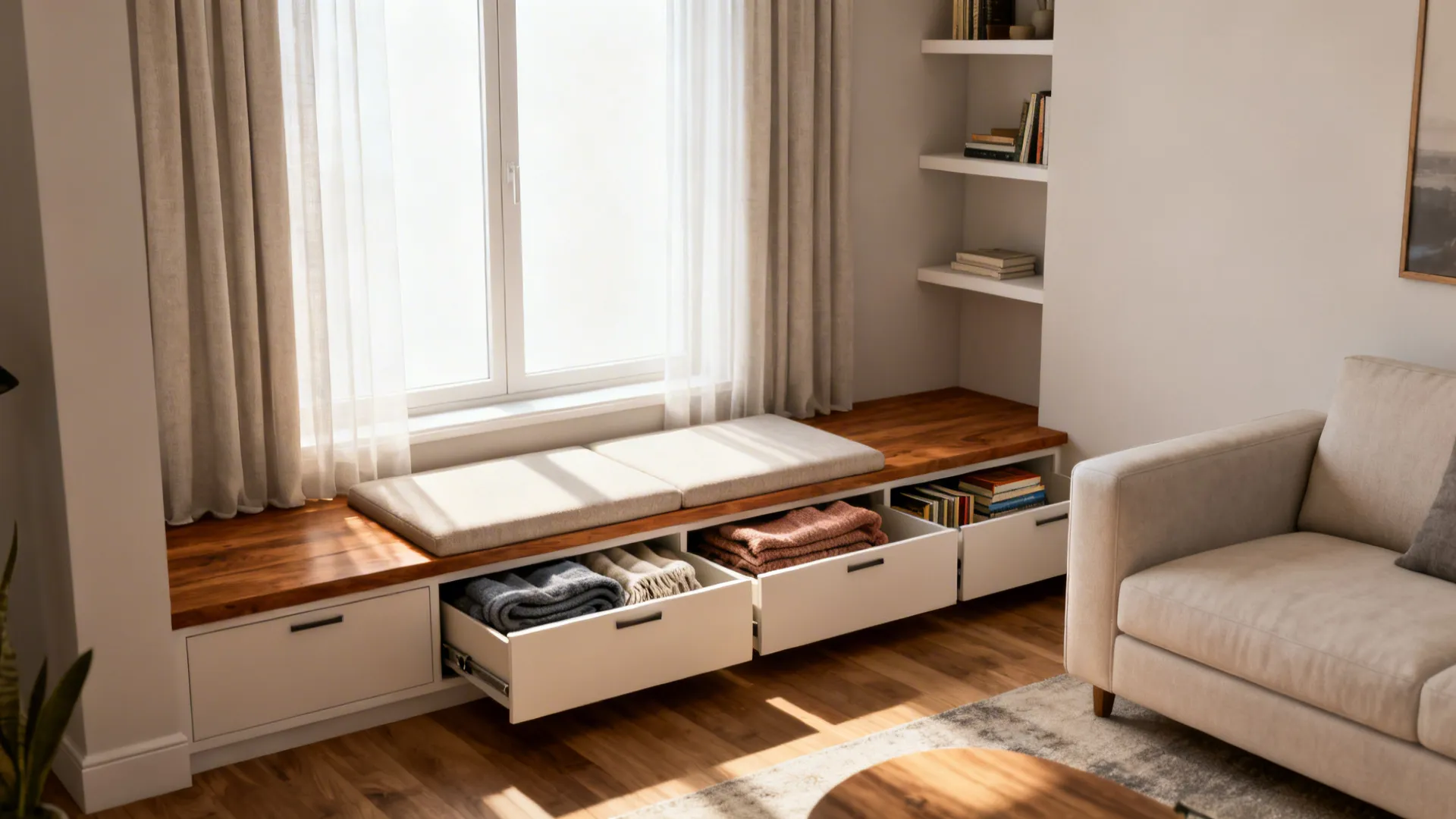 Small living room with built-in window bench storage holding blankets and books under flowing curtains.