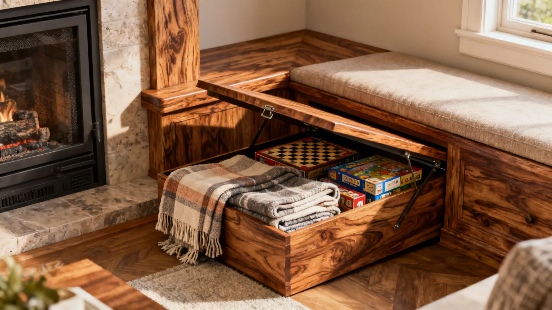 Wooden window seat with open storage box holding folded blankets and board games near fireplace