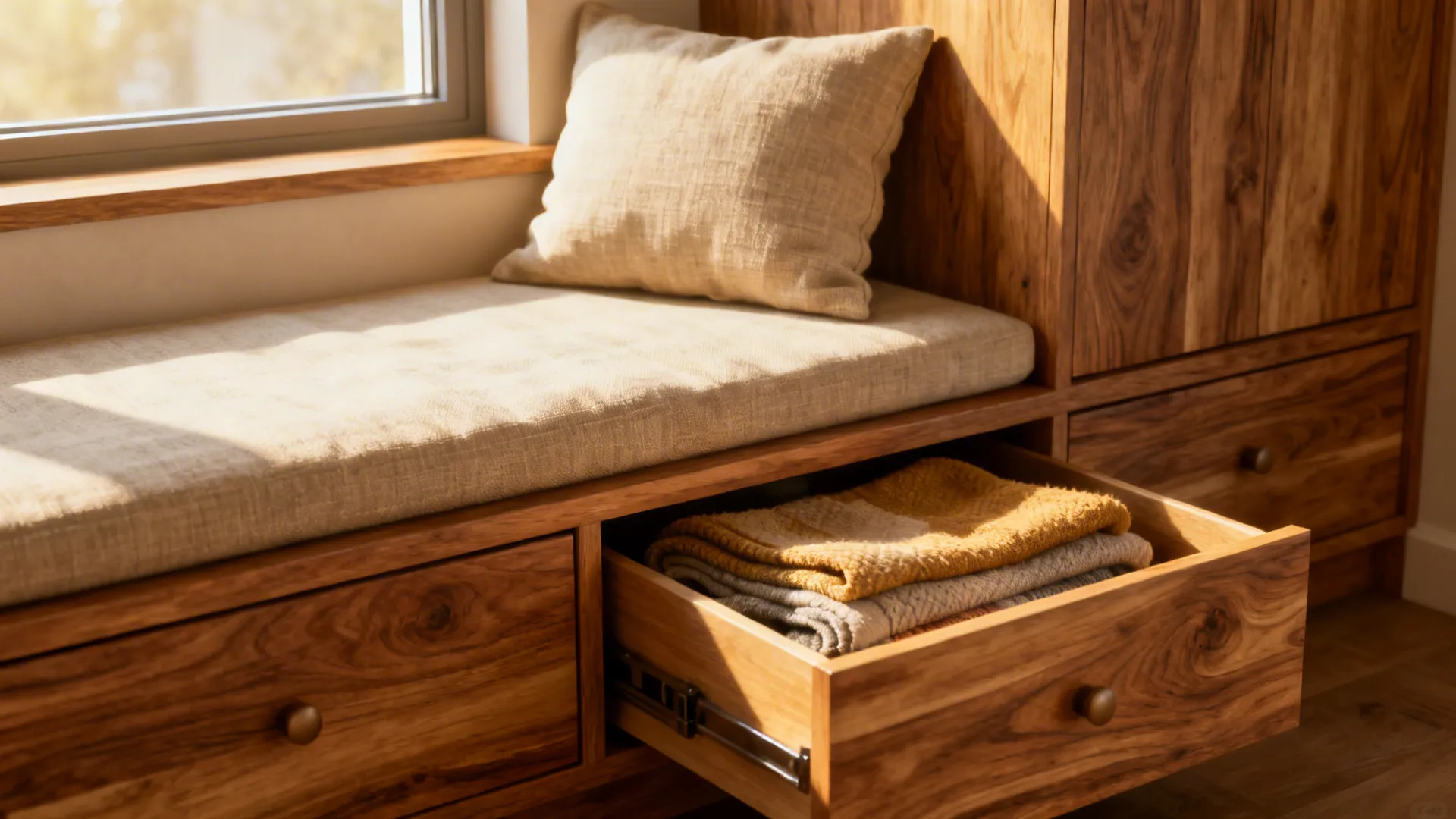 Built-in window bench with drawers, cushions and stored blankets.