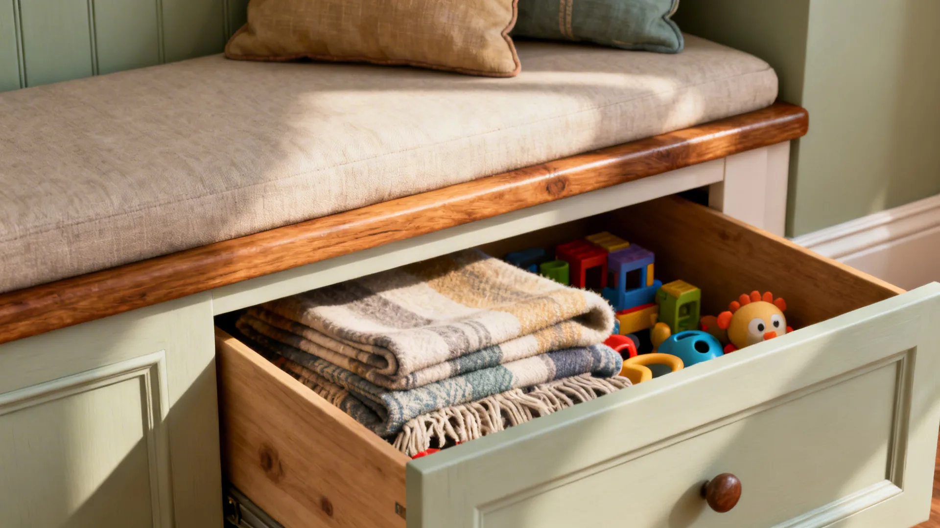 Close up of an open wooden storage drawer under a bench holding blankets and toys