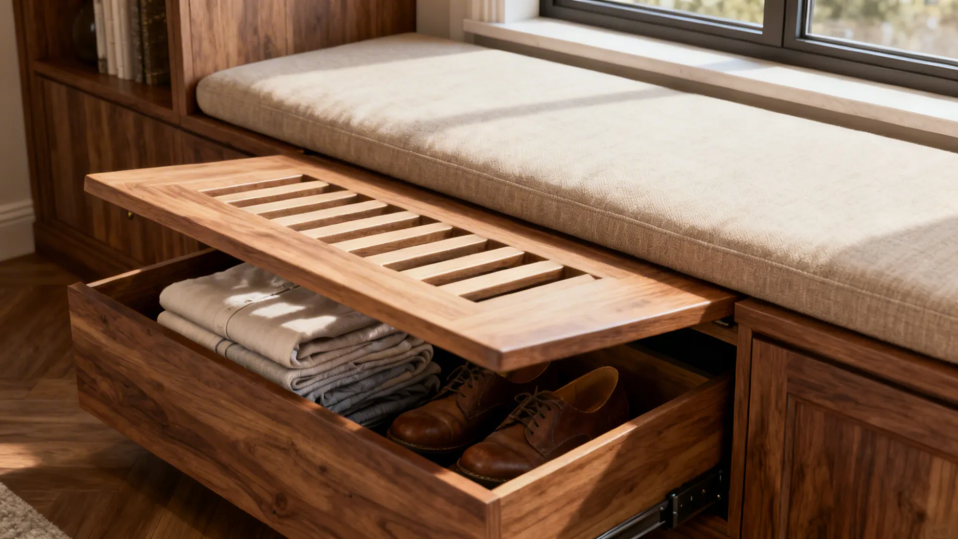 Built-in window bench with removable seat panel revealing ventilated hidden storage for linens and shoes.