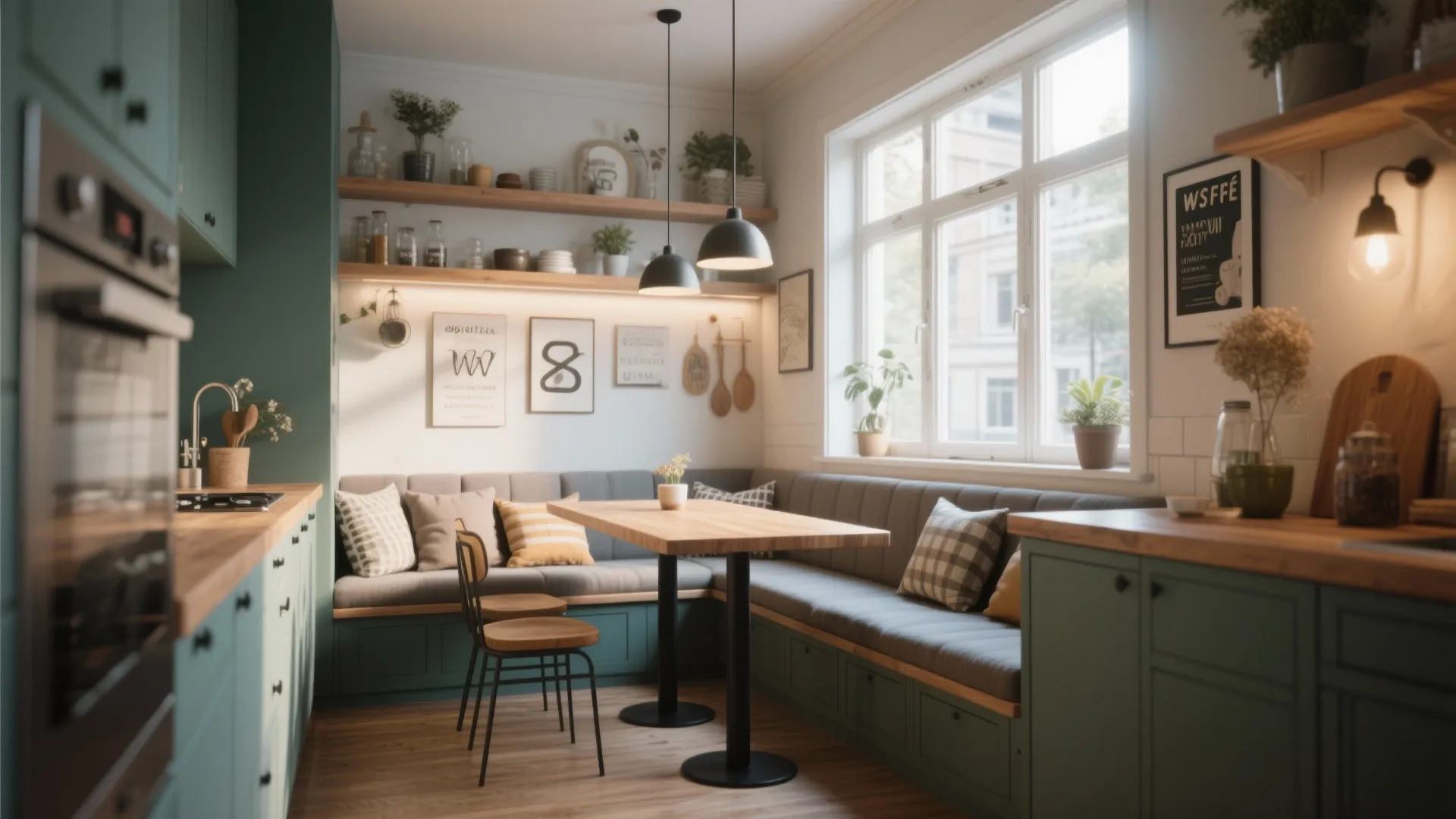 Cozy kitchen dining area with green cabinets wooden table grey bench seating and bright window light
