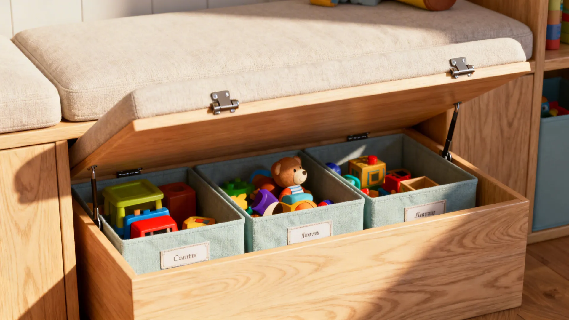 Built-in bench with soft-close lift-top compartment and labeled toy bin inside
