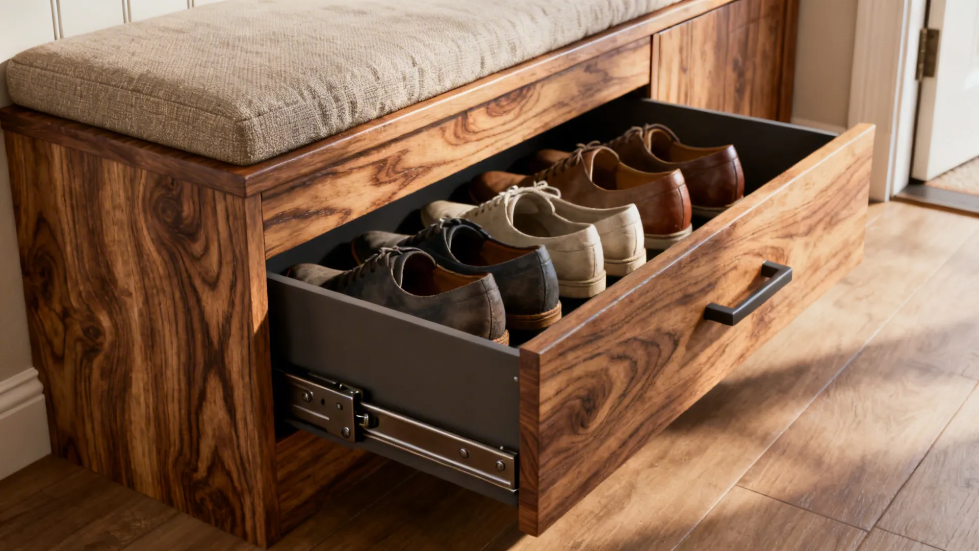 Close-up of a built-in bench showing an open pull-out tray with organized shoes and a cushioned seat above.