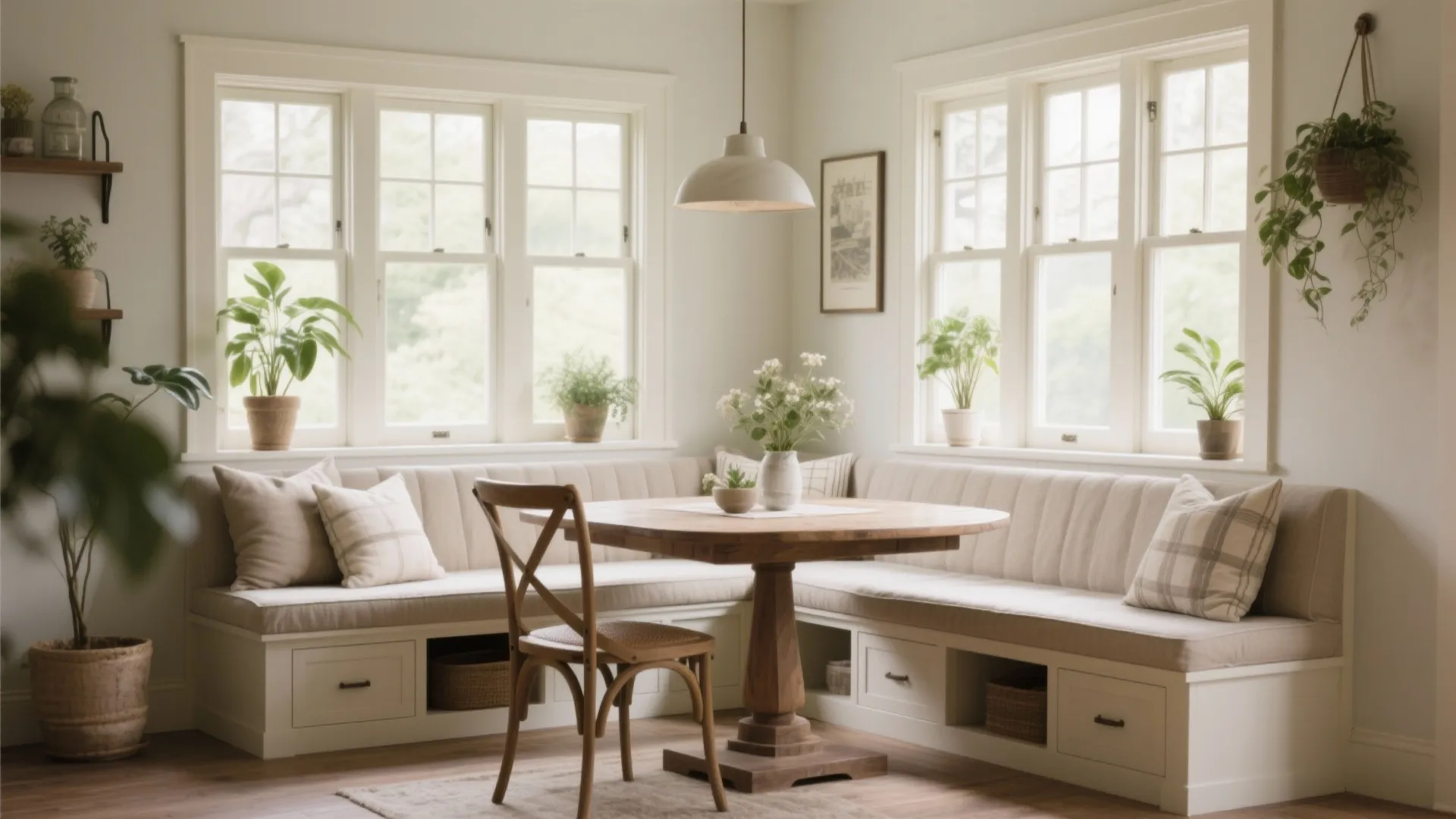 Breakfast nook with a corner built-in bench, wooden pedestal table, and many green potted plants