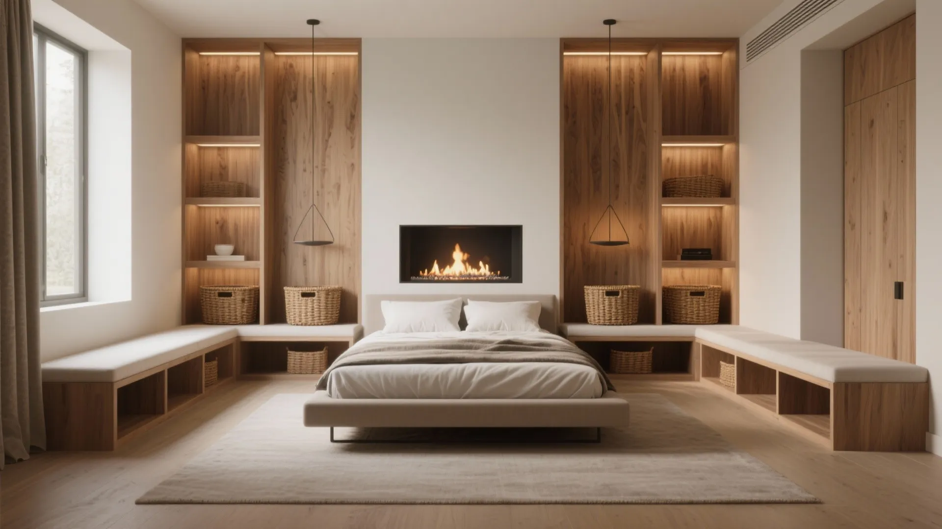 3. Built-in seating or storage around the hearth