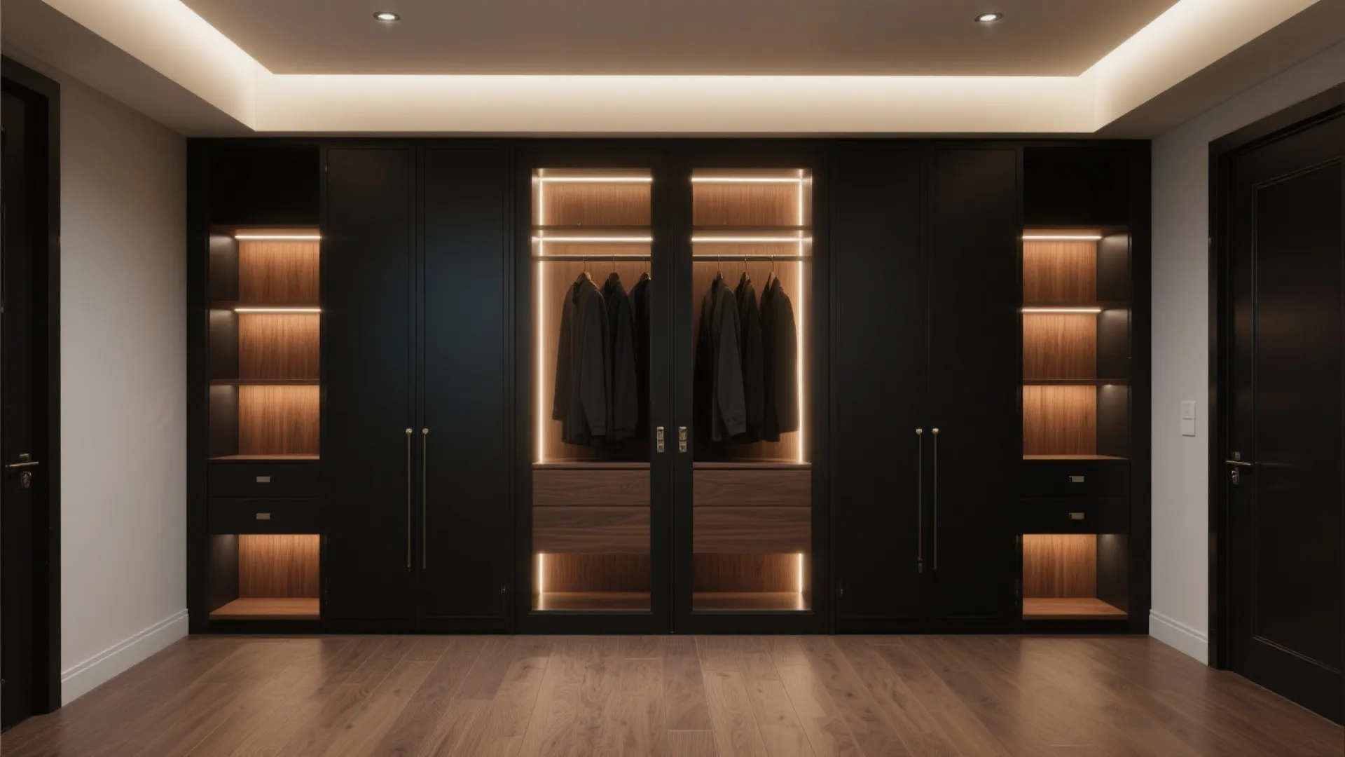 4. Black Built-In Wardrobe with Integrated Lighting