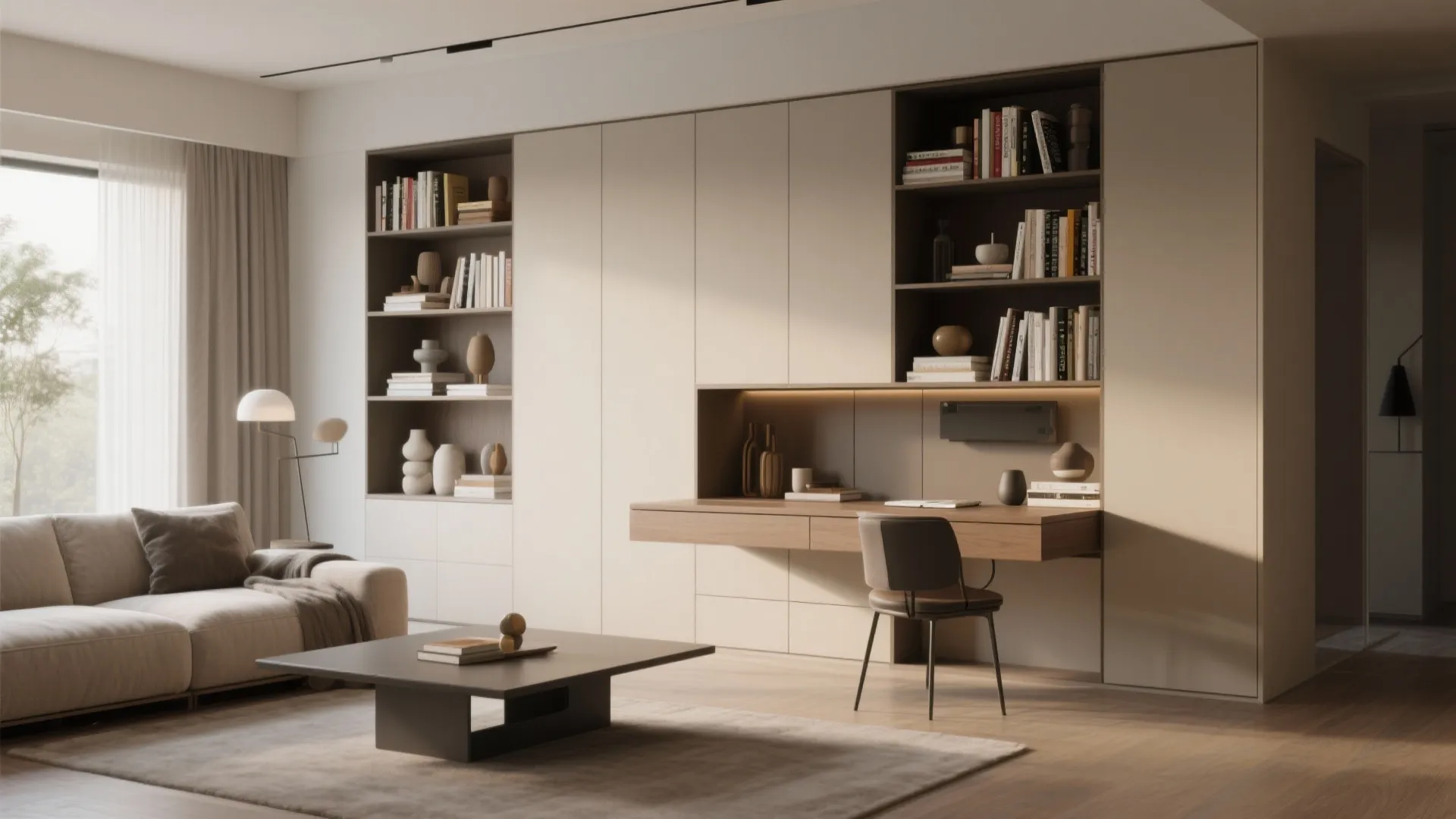 Custom built-in bookcase with hidden storage and workspace