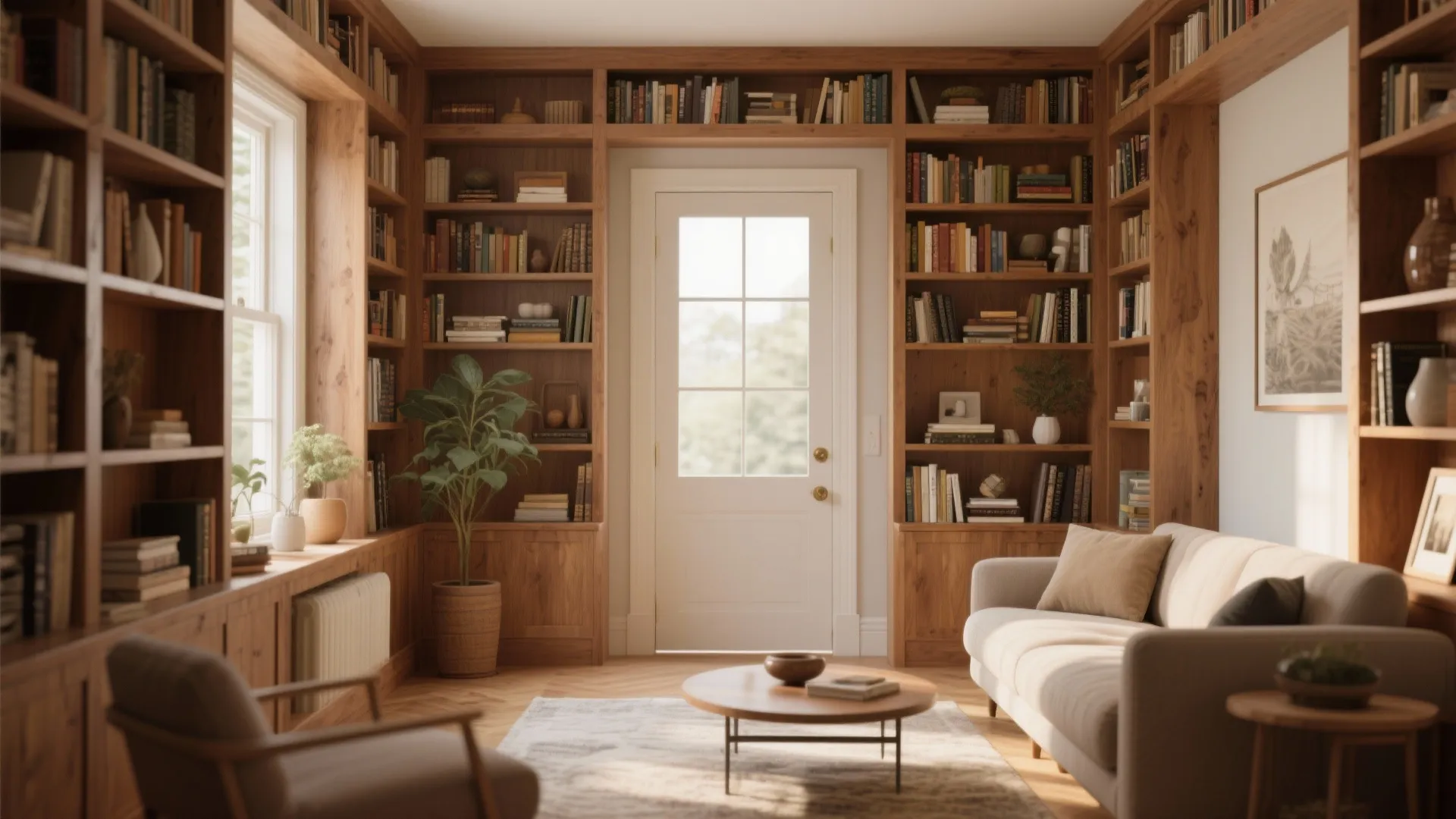 Built in wooden bookcases surrounding a white door in a living room with beige sofa