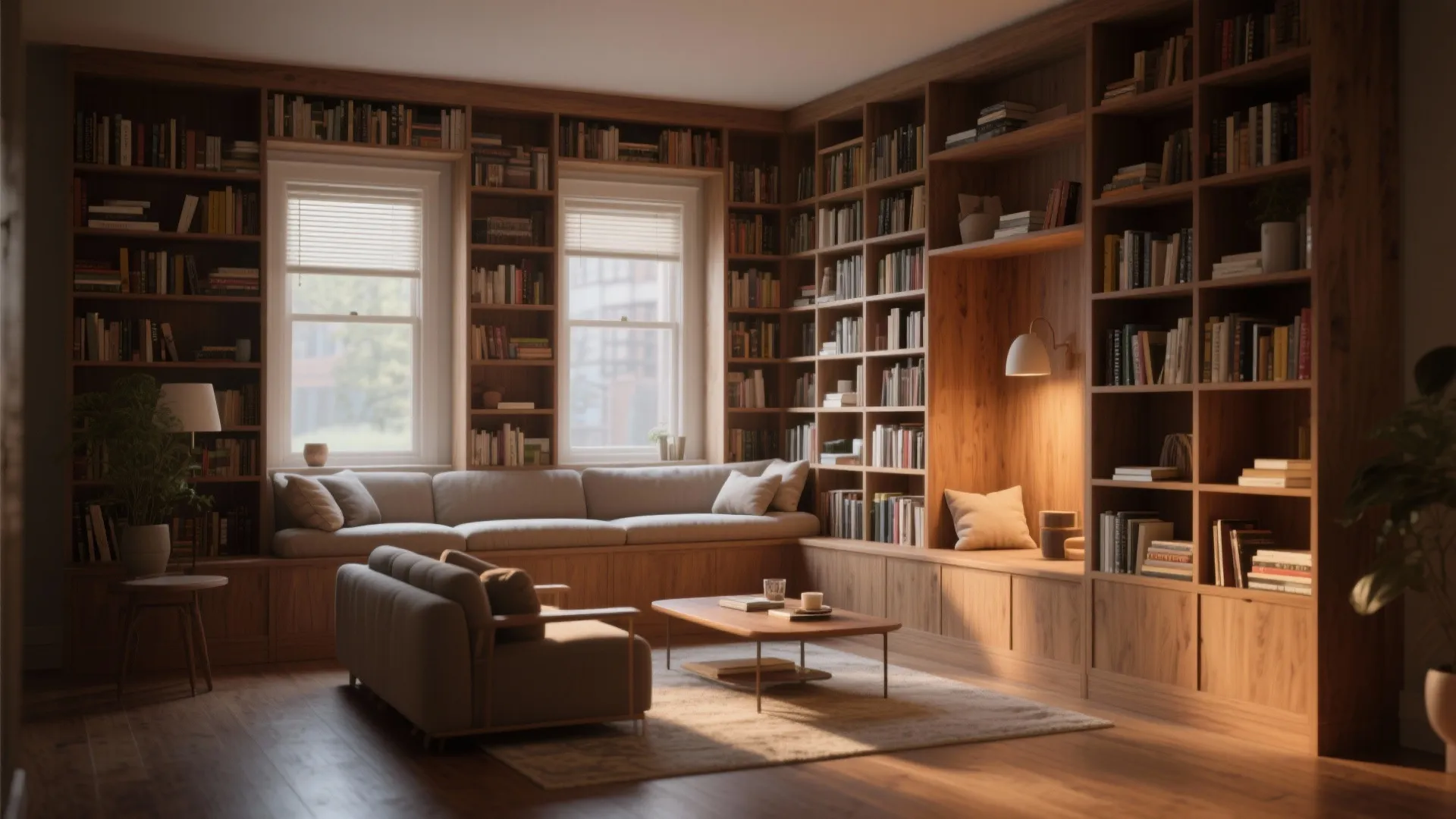 Cozy reading corner with wooden bookshelves built around windows and a long gray bench seat