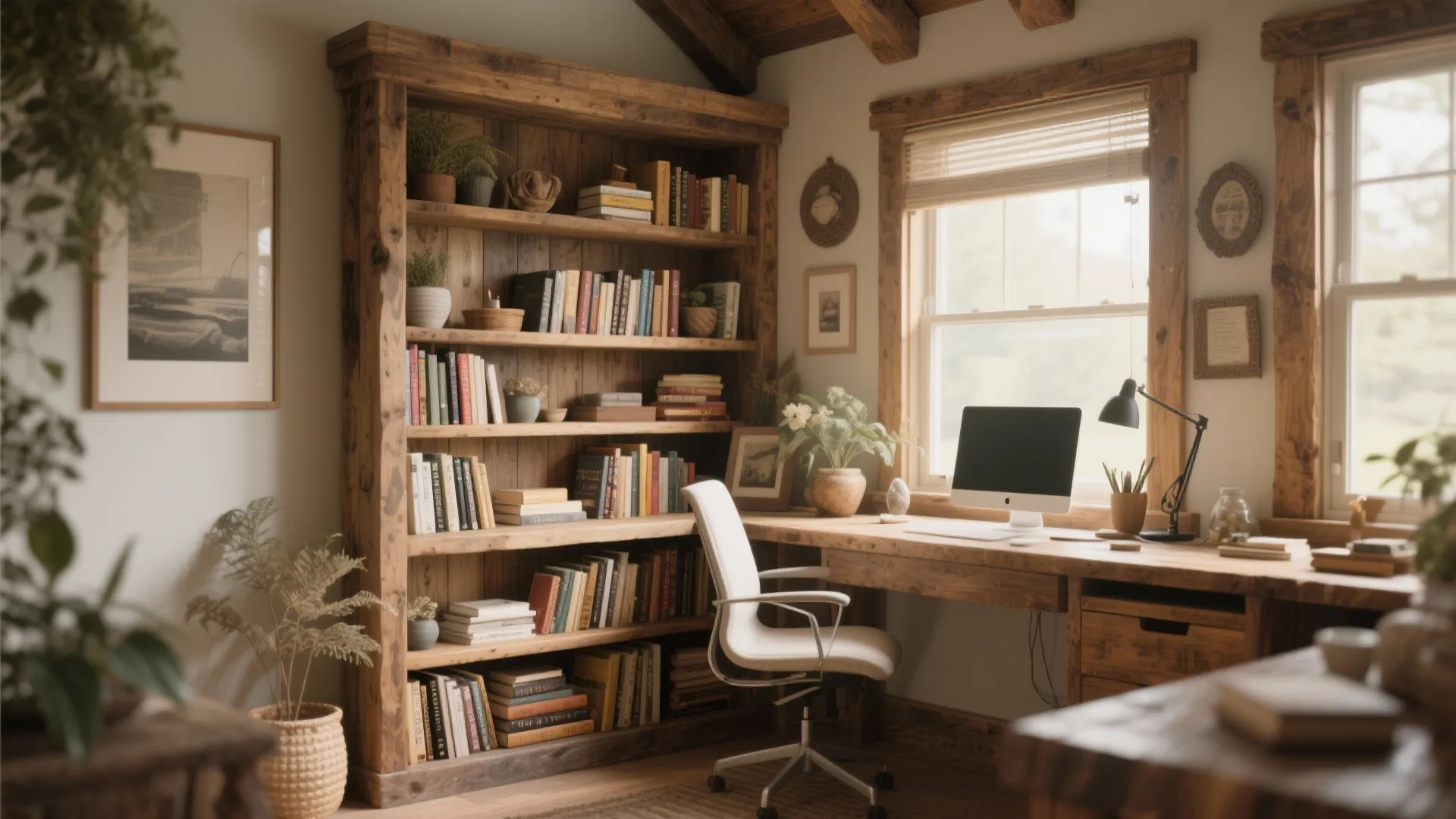 Bright home office featuring wooden bookshelf long desk white rolling chair computer and natural light