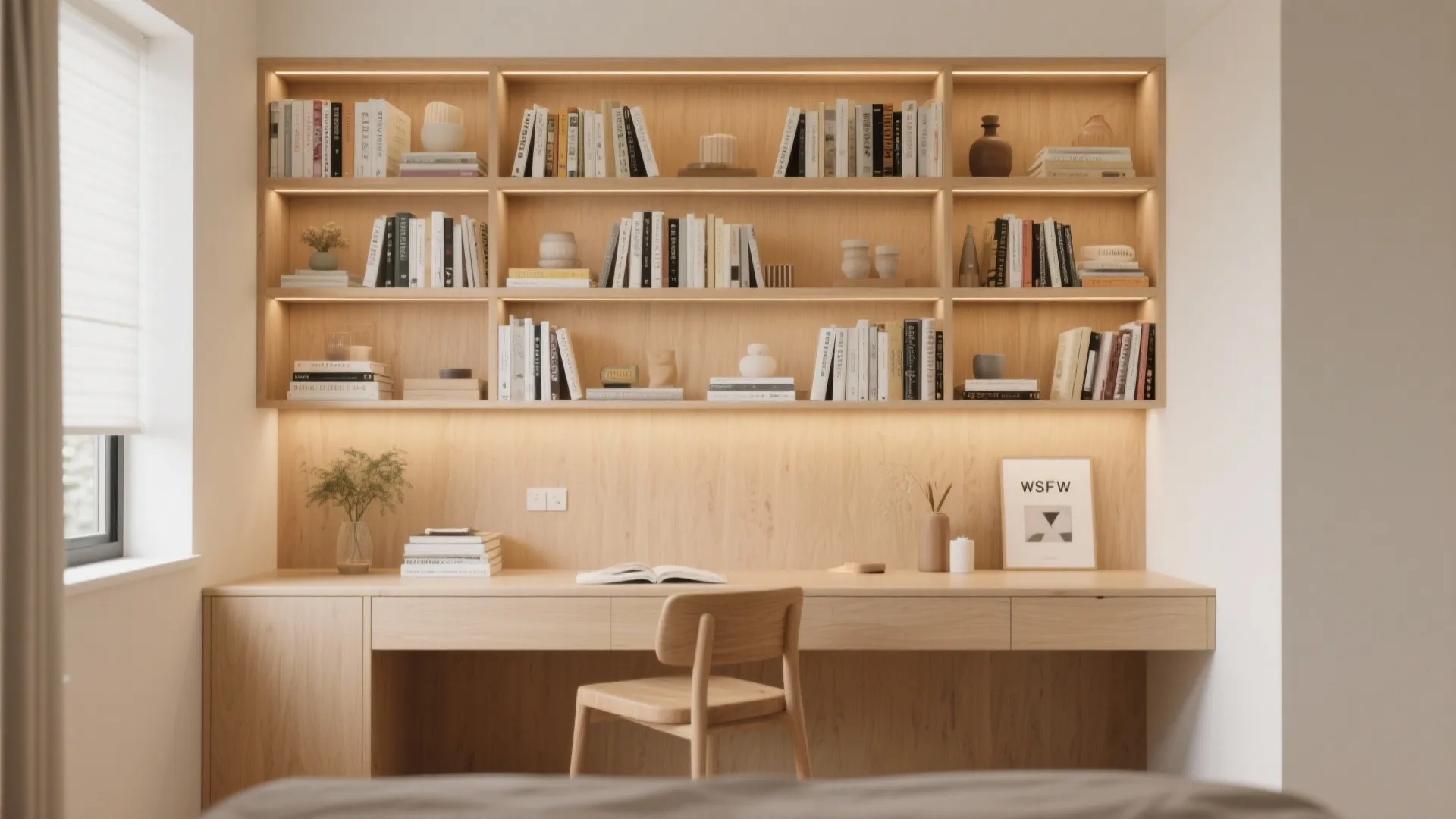 Modern wooden home office desk with matching chair and built in wall shelves for books