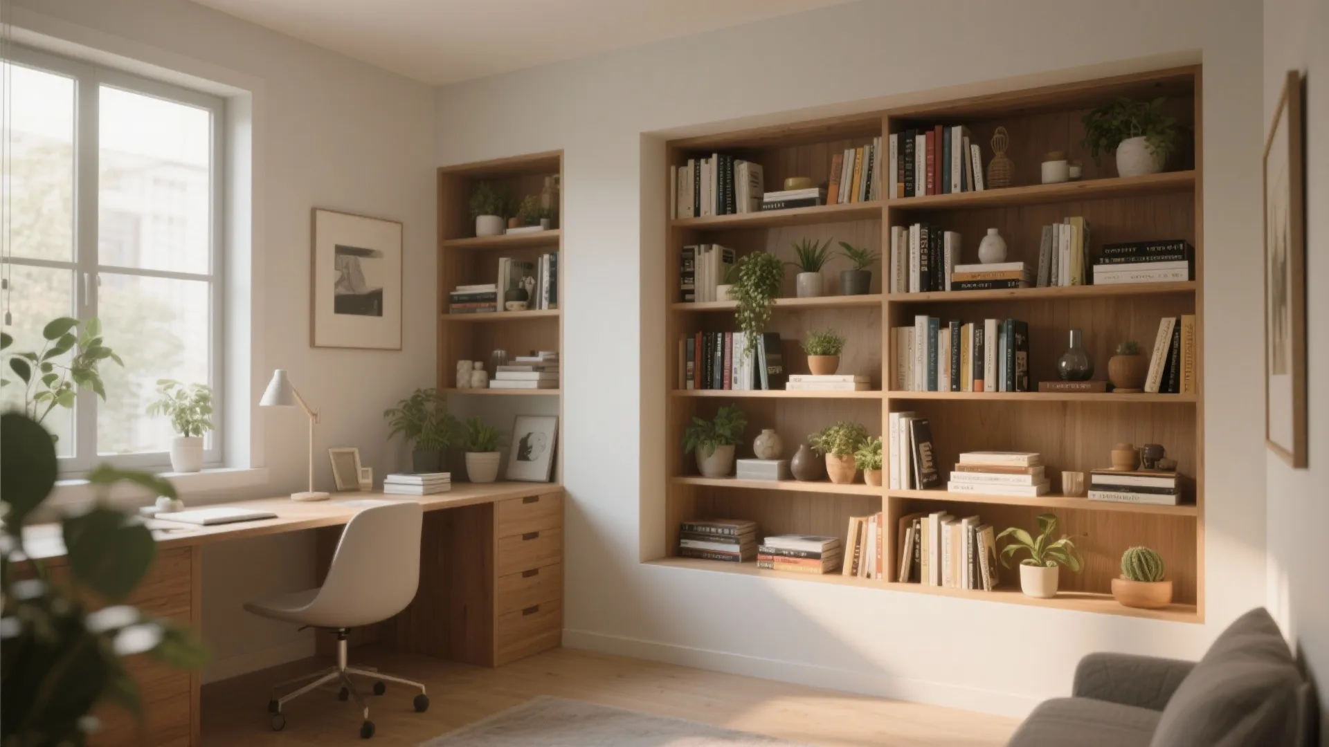 Home office with large wooden wall bookshelf, long desk, white chair, and bright window light