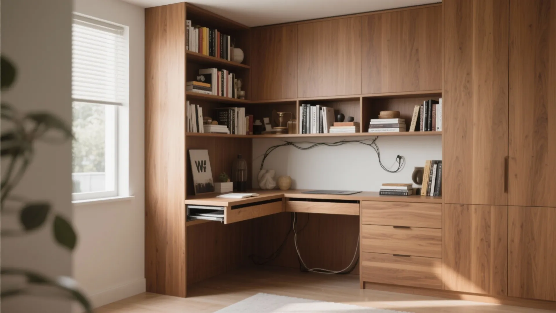 Built in wooden bookshelf and corner desk with drawers and storage cabinets in home office