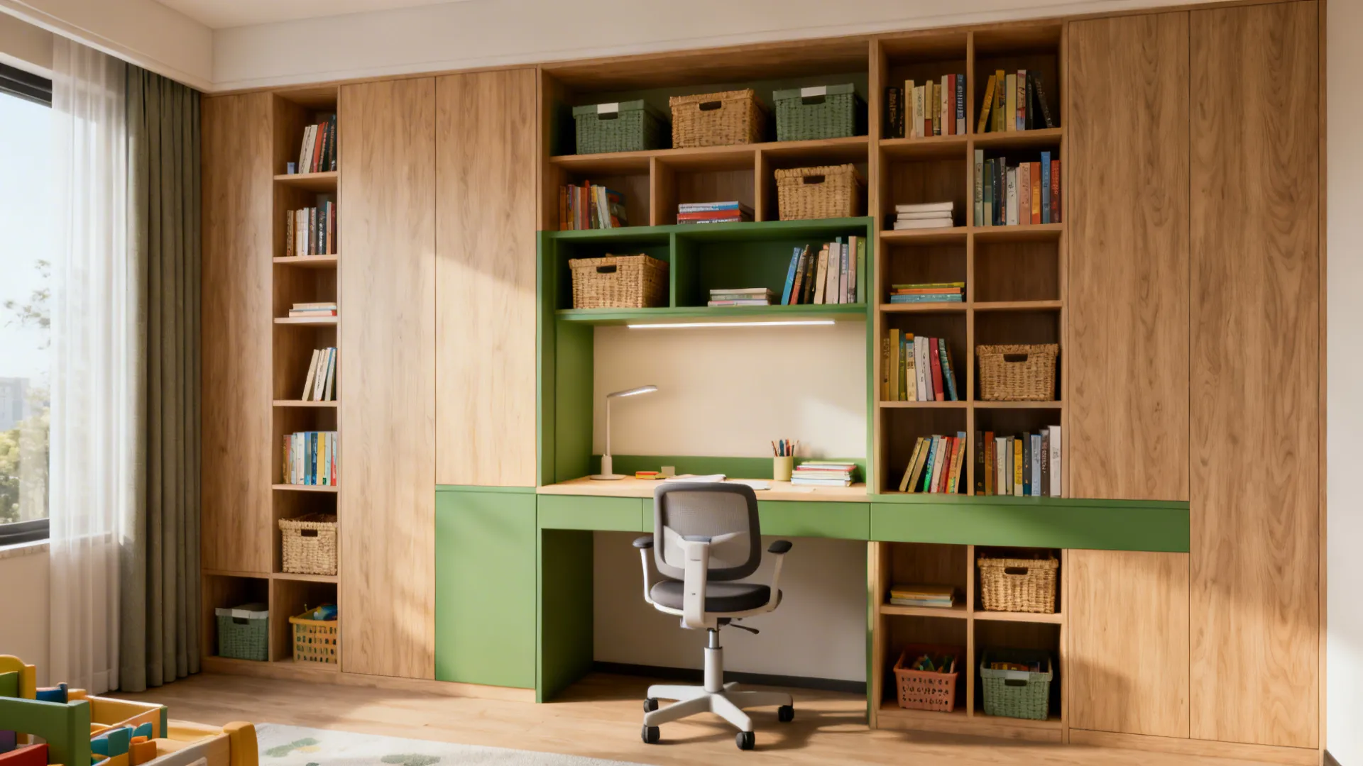 Built-in bookshelf with an integrated desk nook and organized storage baskets