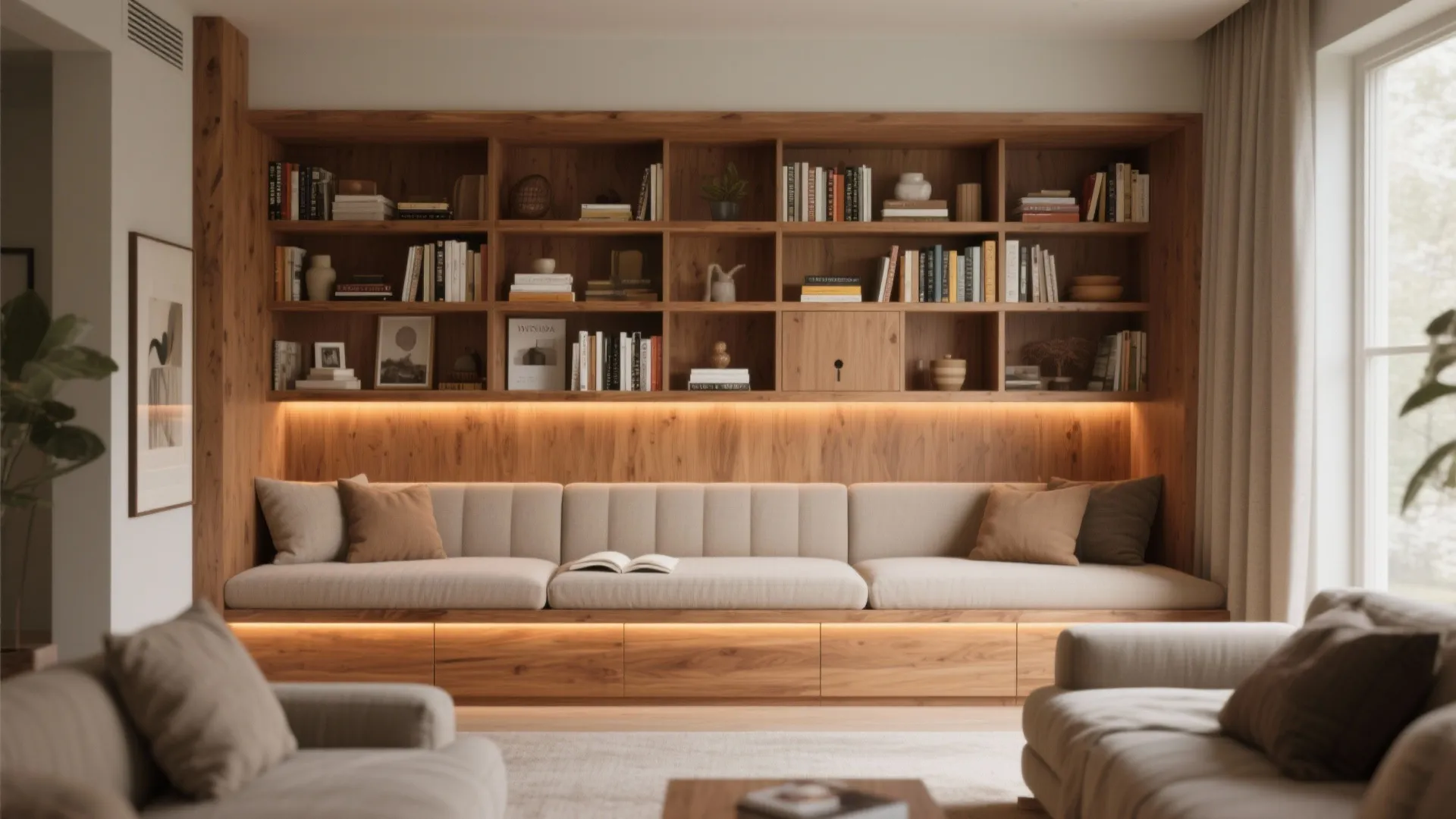 2. Built-in bookshelf with integrated seating