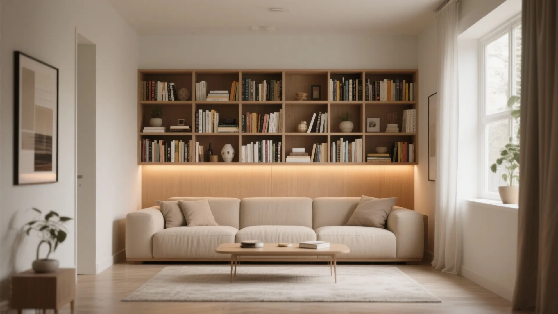 Modern living room layout with large wooden cabinet bookshelf behind beige sofa and coffee table