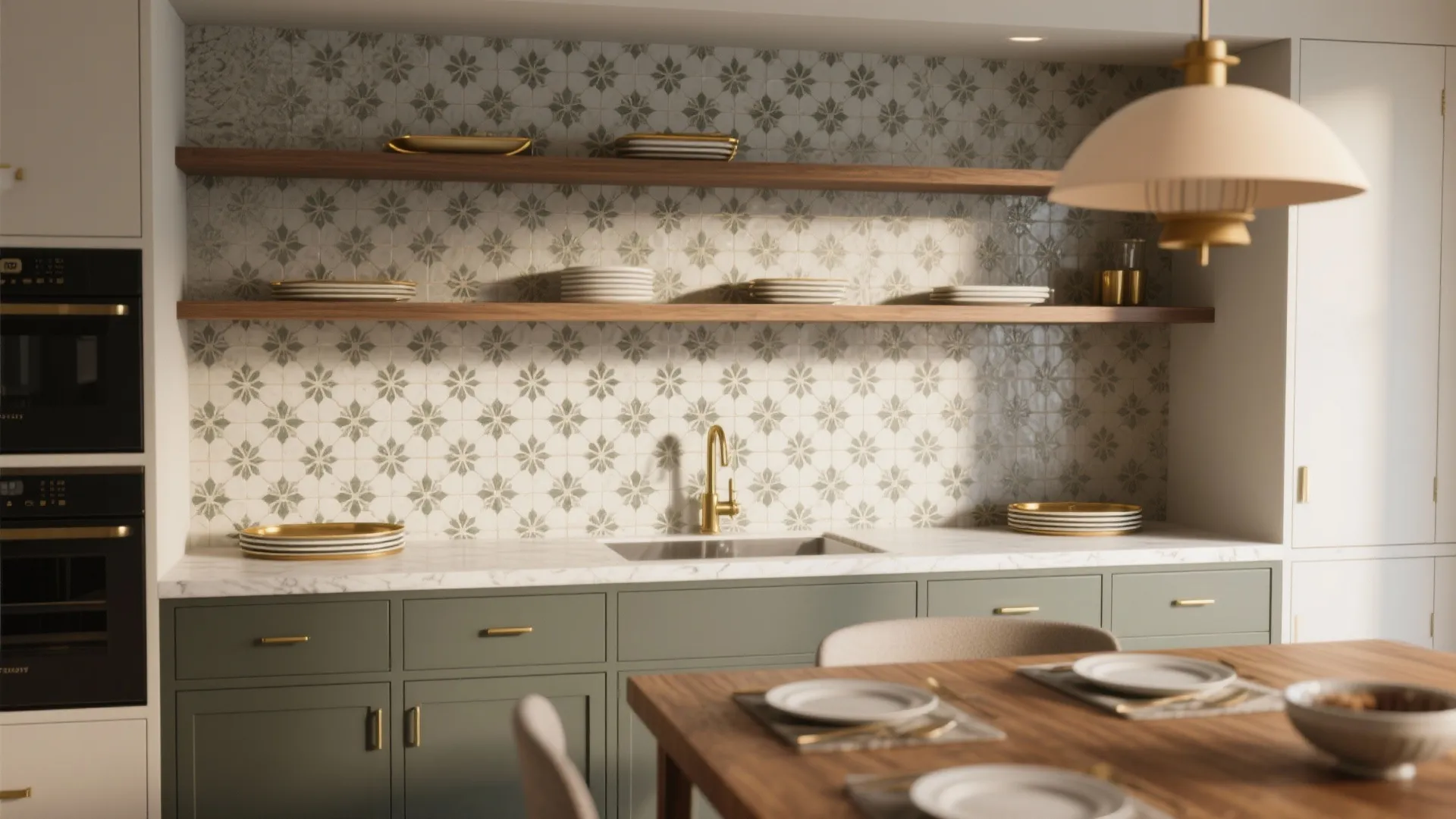 5. Functional accent: built-in buffet with tile or wallpaper back