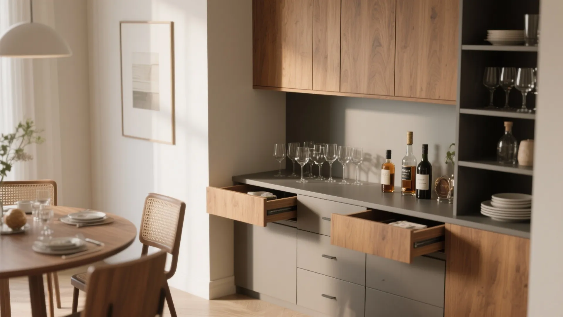 Built-in buffet with drawers and hidden bar storage