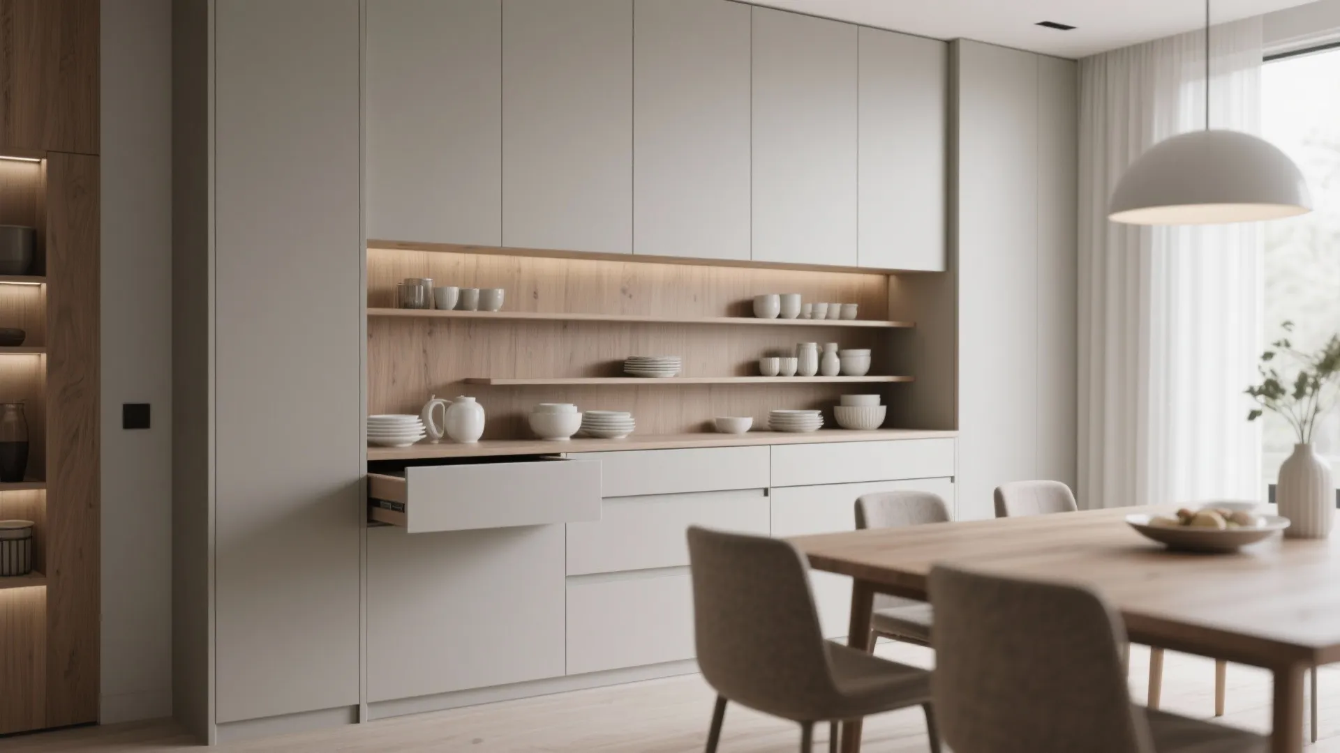 Minimalist dining room with grey wall cabinet open wood shelves and dining table with chairs