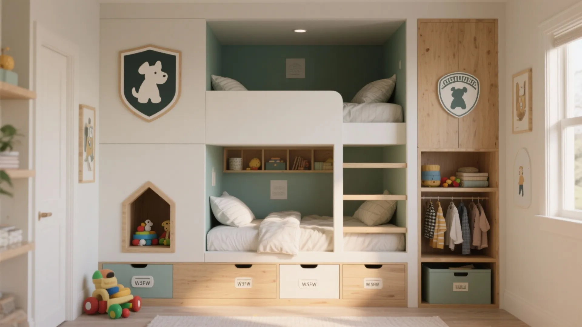 Modern kids bedroom with white bunk bed wooden storage cabinet toys and light green wall panels