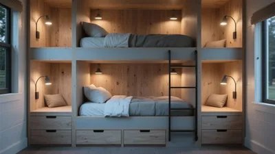 Cozy Wooden Bunk Bed Room with Built-In Storage