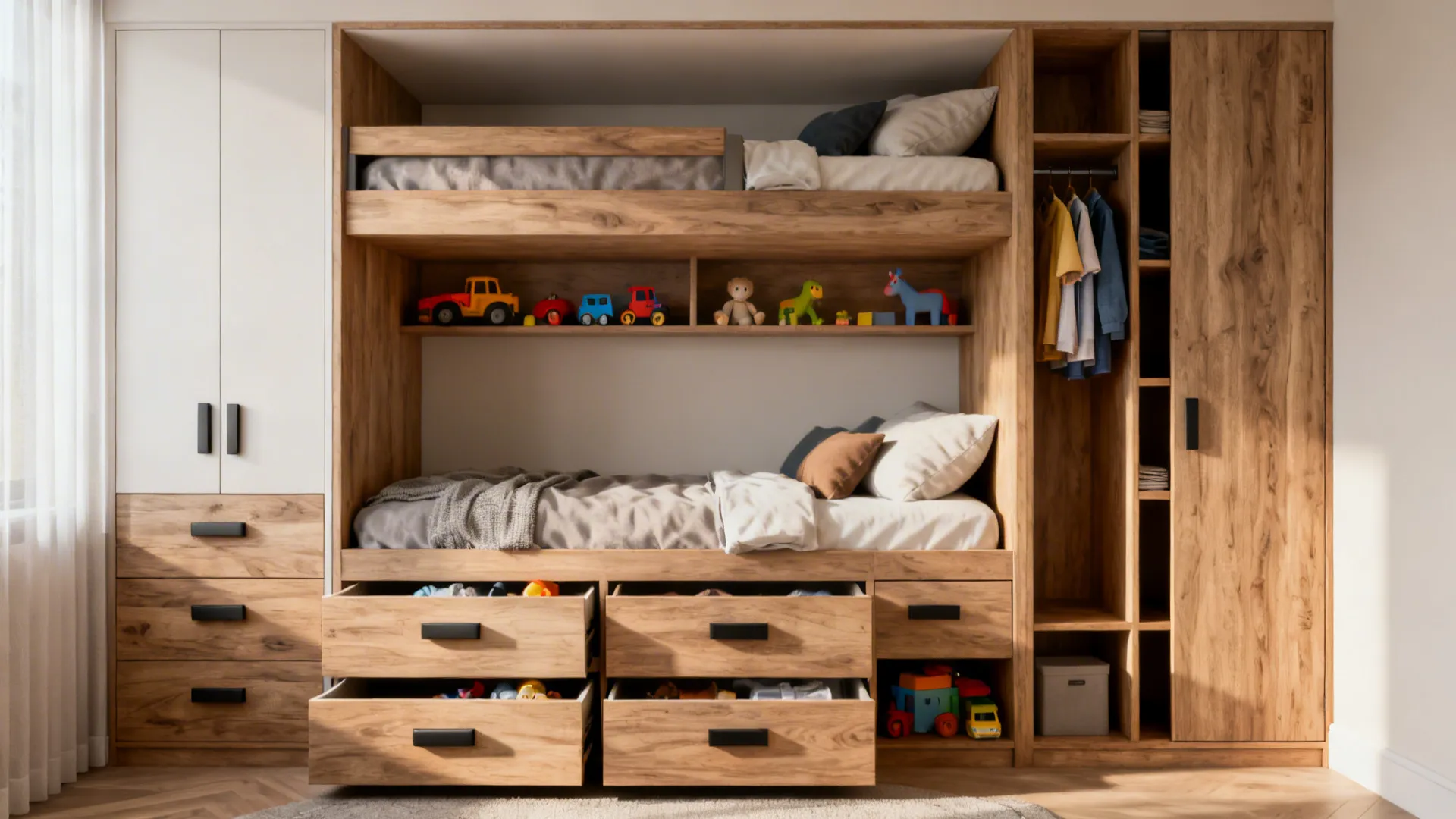 Built-in bunk beds with integrated drawers and shelving in a compact bedroom.
