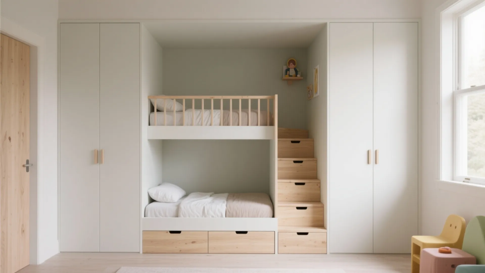 Built-in bunks with under-step storage