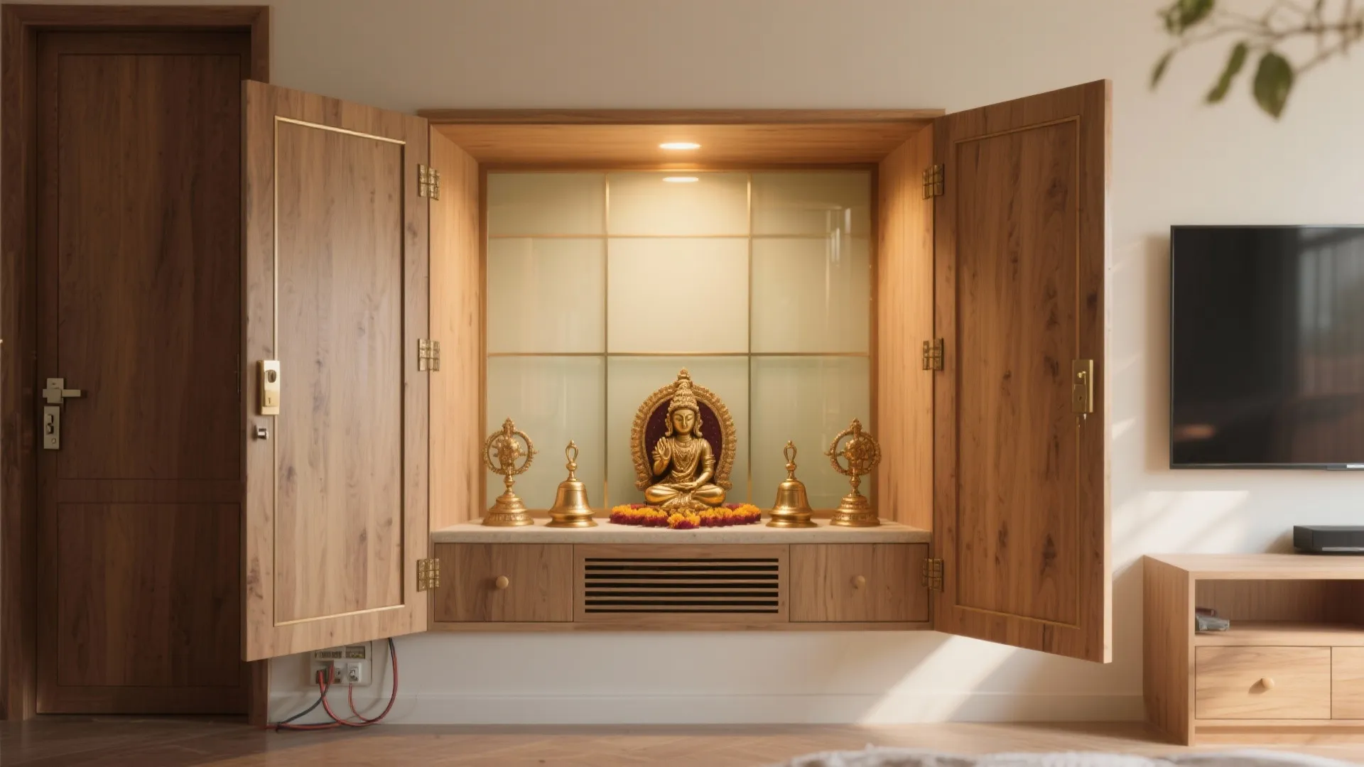 Built-in pooja cabinet within the living wall