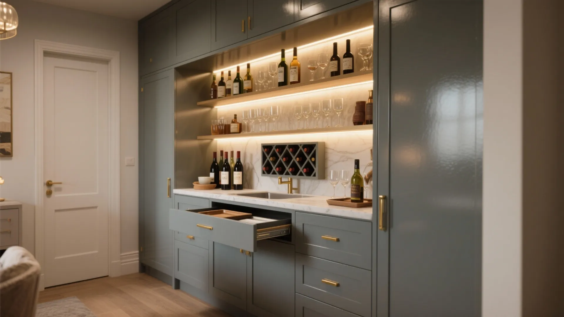 2. Built-In Cabinet Bar with Lighting