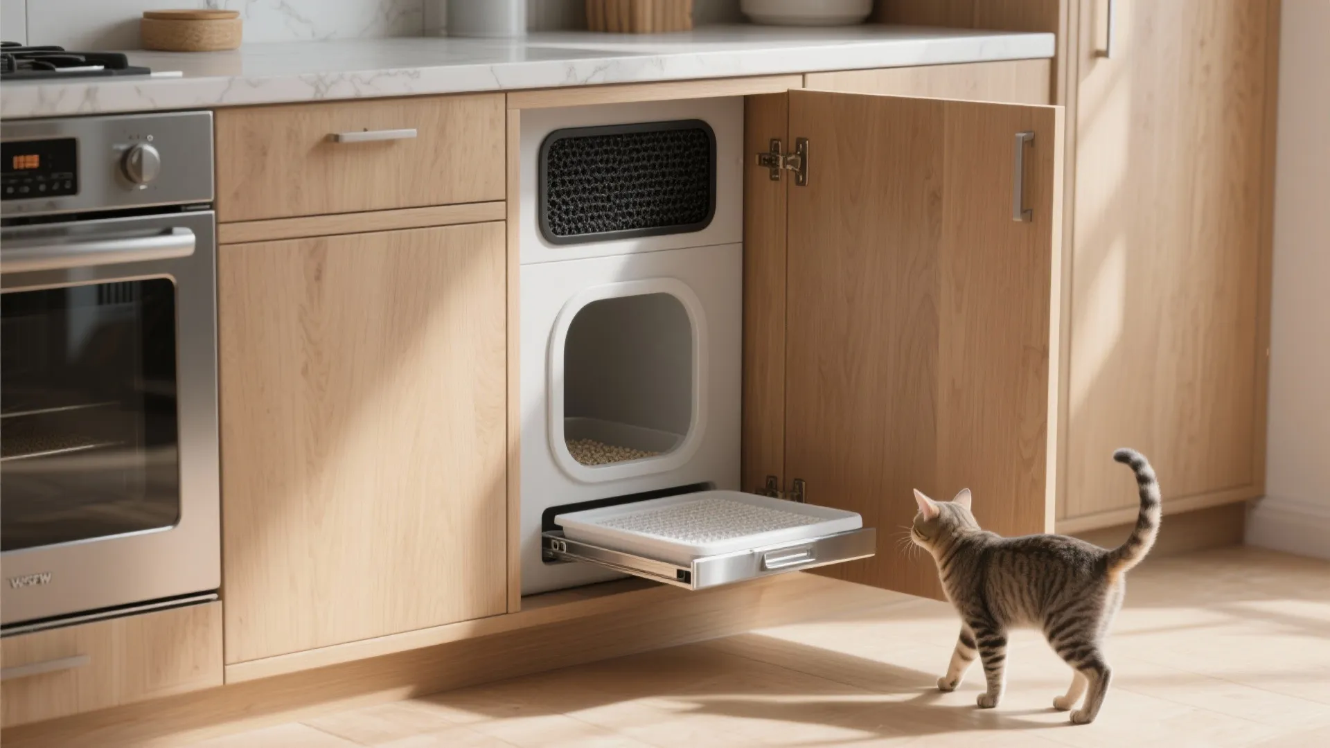 Tall shallow built-in cabinet with a cutout entry, removable tray and charcoal filter for a hidden litter station.