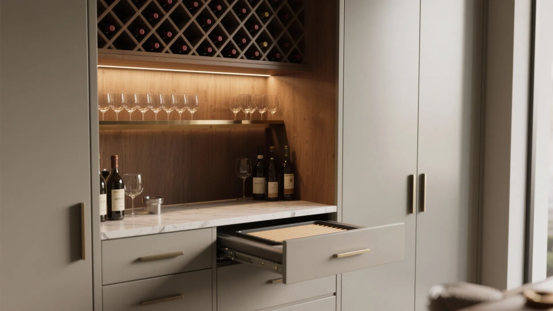 2. Built-in Cabinet Bar with Pull-out Tray