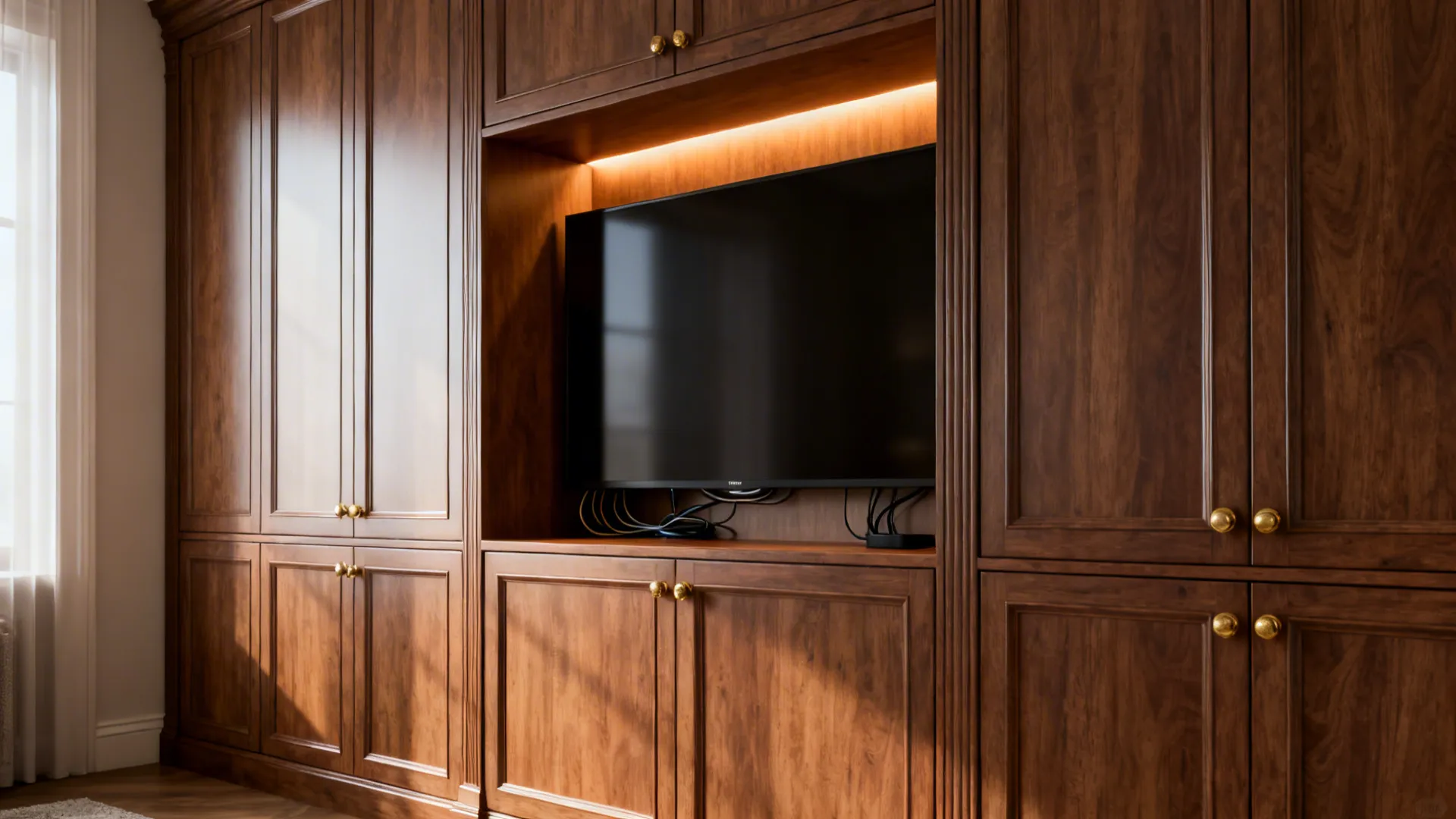 Custom built-in cabinetry with a recessed TV niche and closed storage below