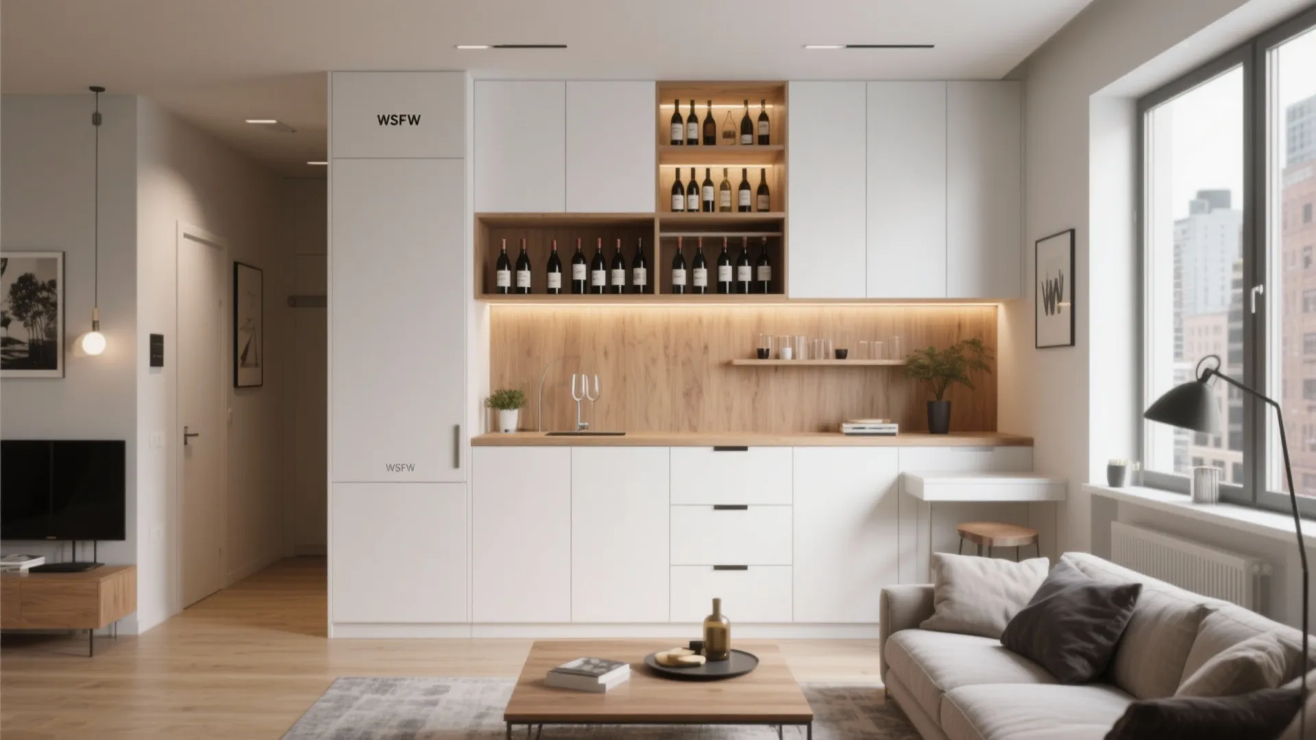 Built-in cabinet bar in modern living room with concealed storage