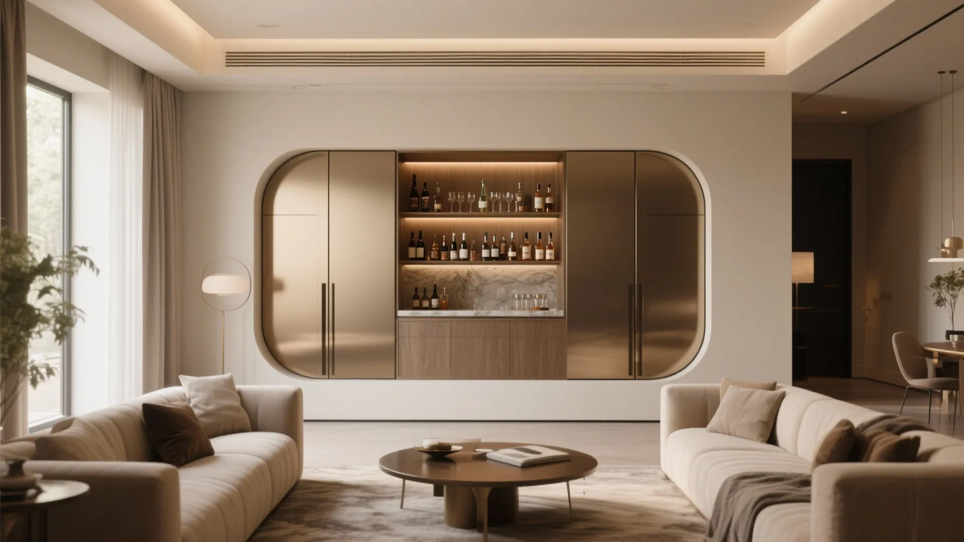 Modern living room featuring built-in gold bar cabinet white sofa round table and warm lighting