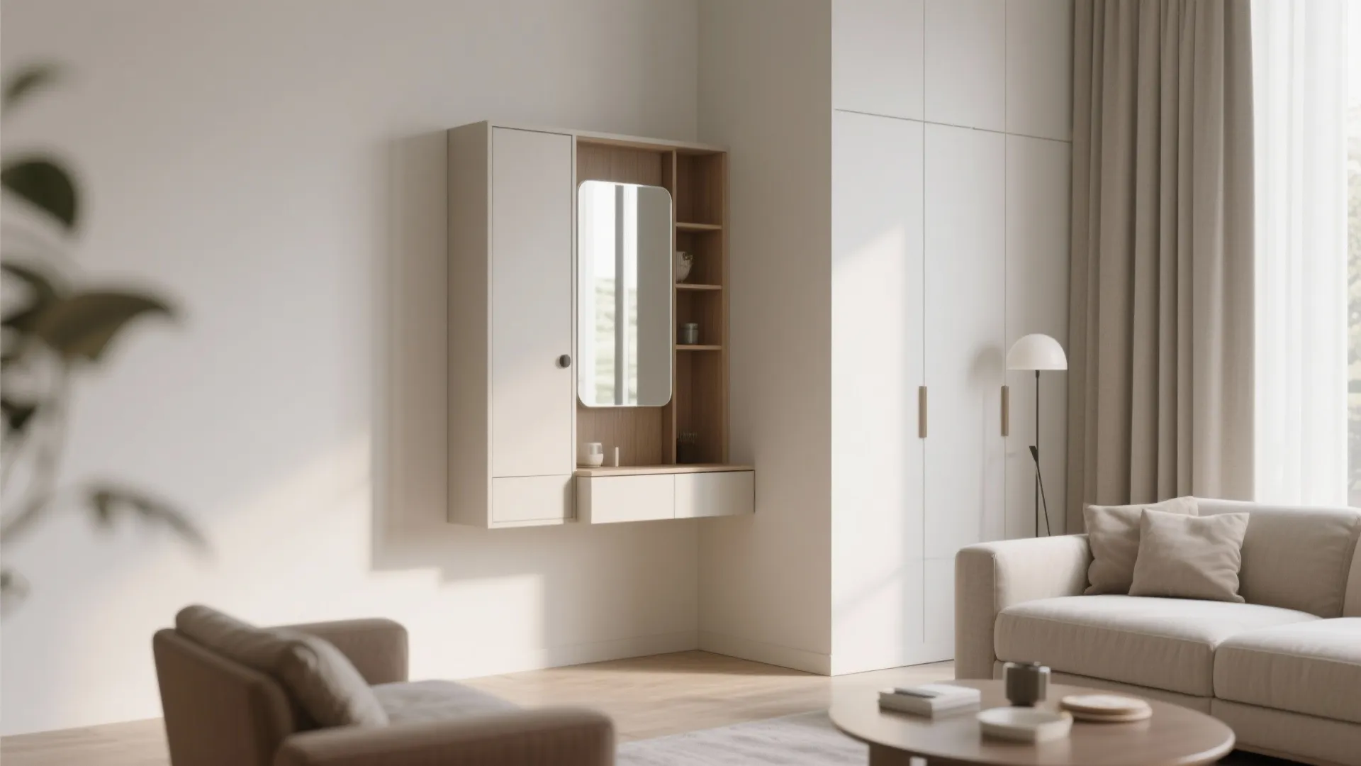 Corner cabinet with built-in mirror in a contemporary living room