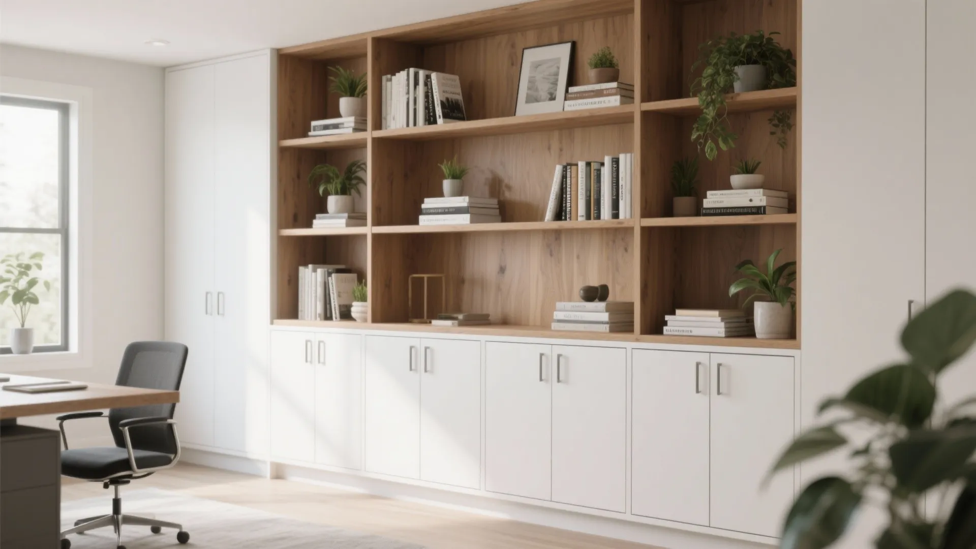 Modern home office with large wooden bookshelf white storage cabinets black desk chair and natural sunlight