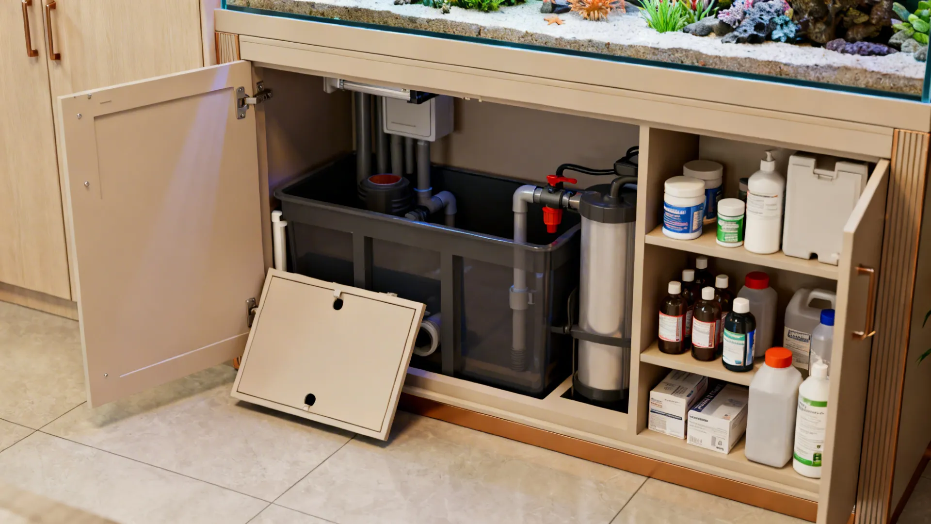 Built-in aquarium with lower cabinet concealing sump and filters, showing removable access panels.