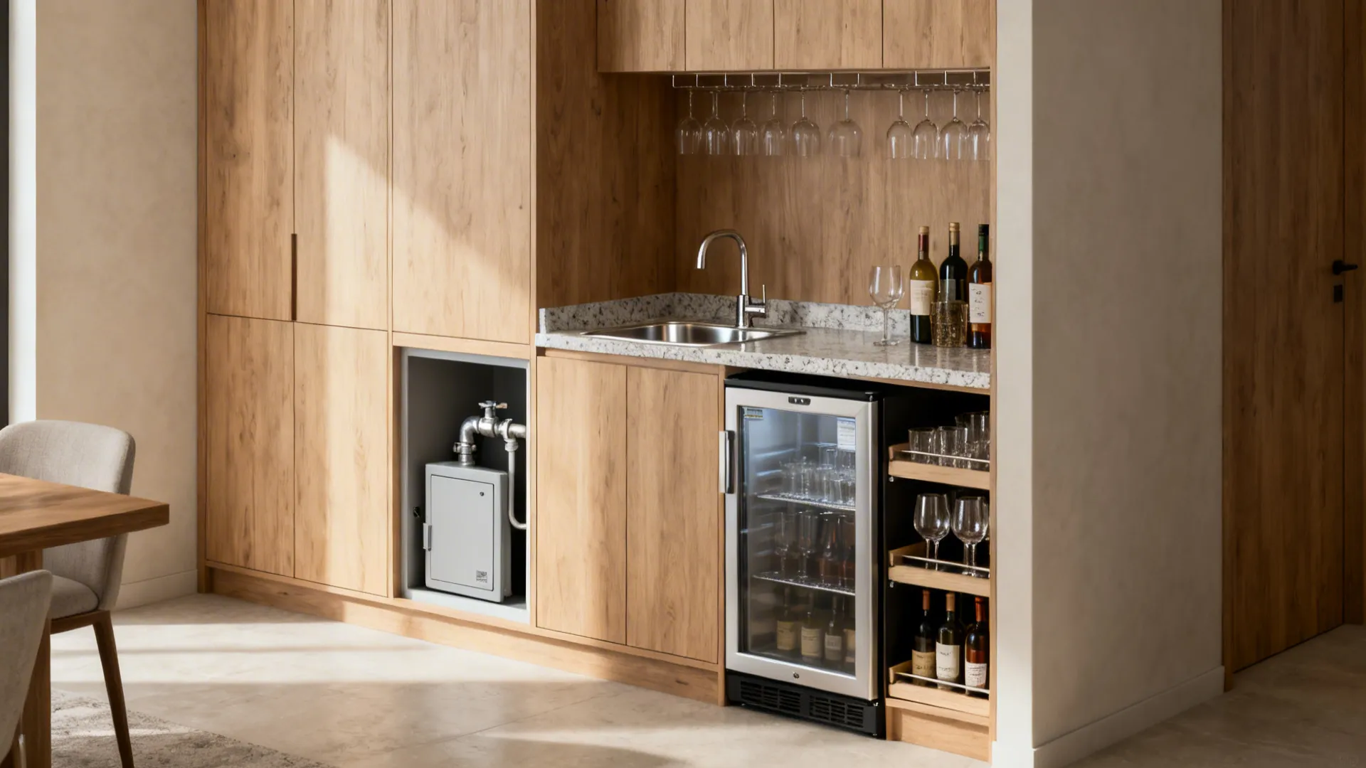 Built-in cabinet wet bar in a niche with small sink and pull-out shelves