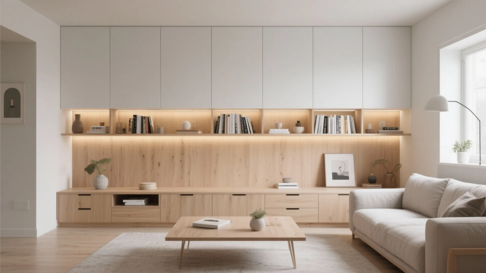 Modern living room with built in wooden cabinet cream sofa coffee table and warm lighting fixture