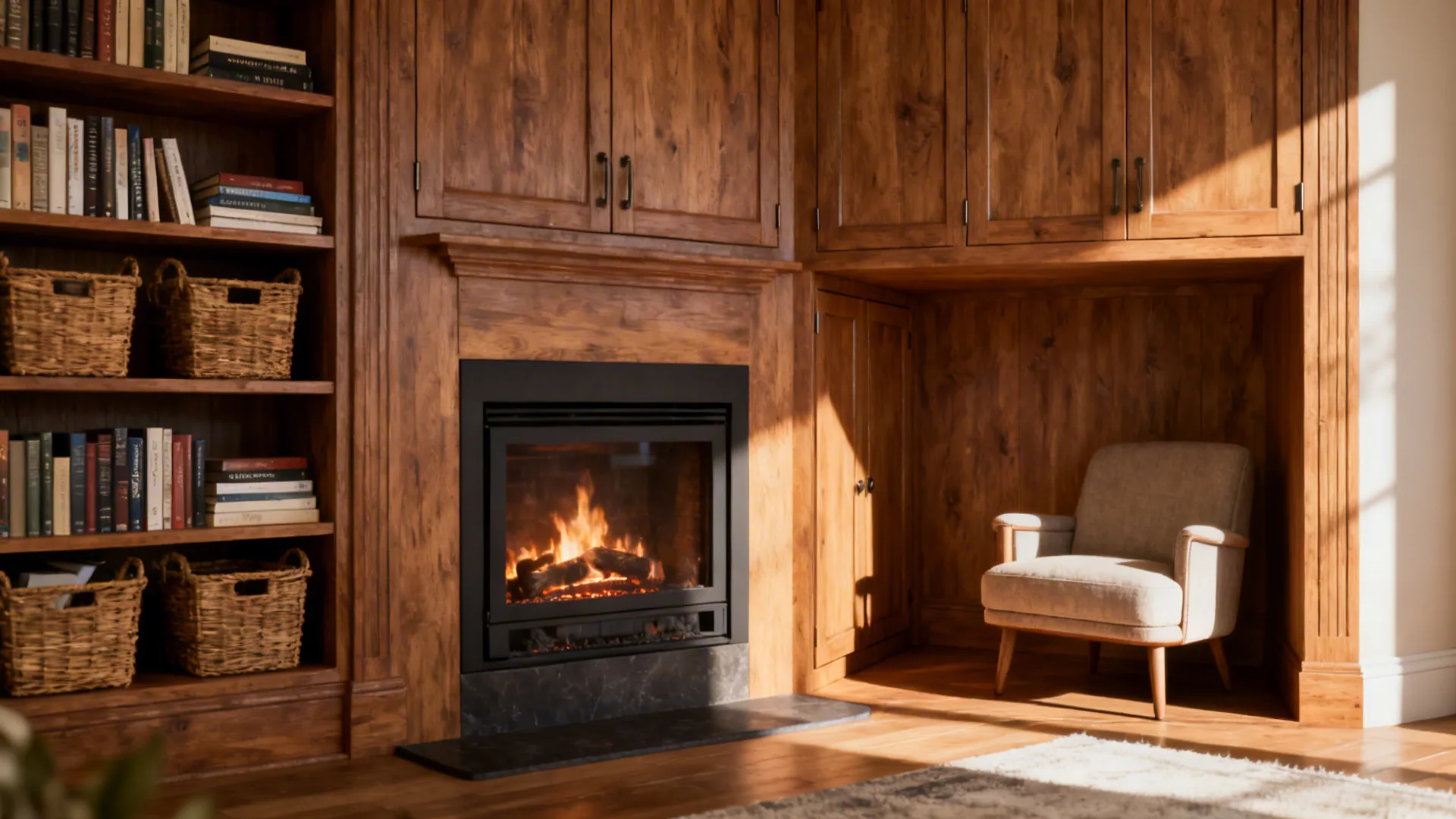 Wooden cabinet with bookshelves and fireplace next to a comfortable armchair in a cozy room