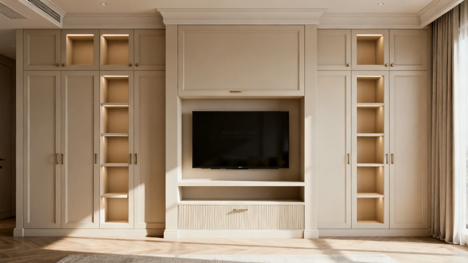 Custom built-in cabinetry with a recessed TV niche and concealed storage