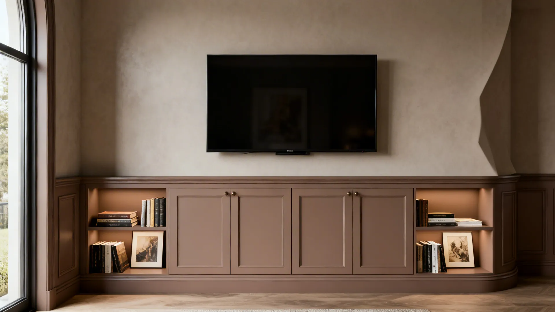 Custom built-in cabinets and recessed niches under a TV with books and art displayed