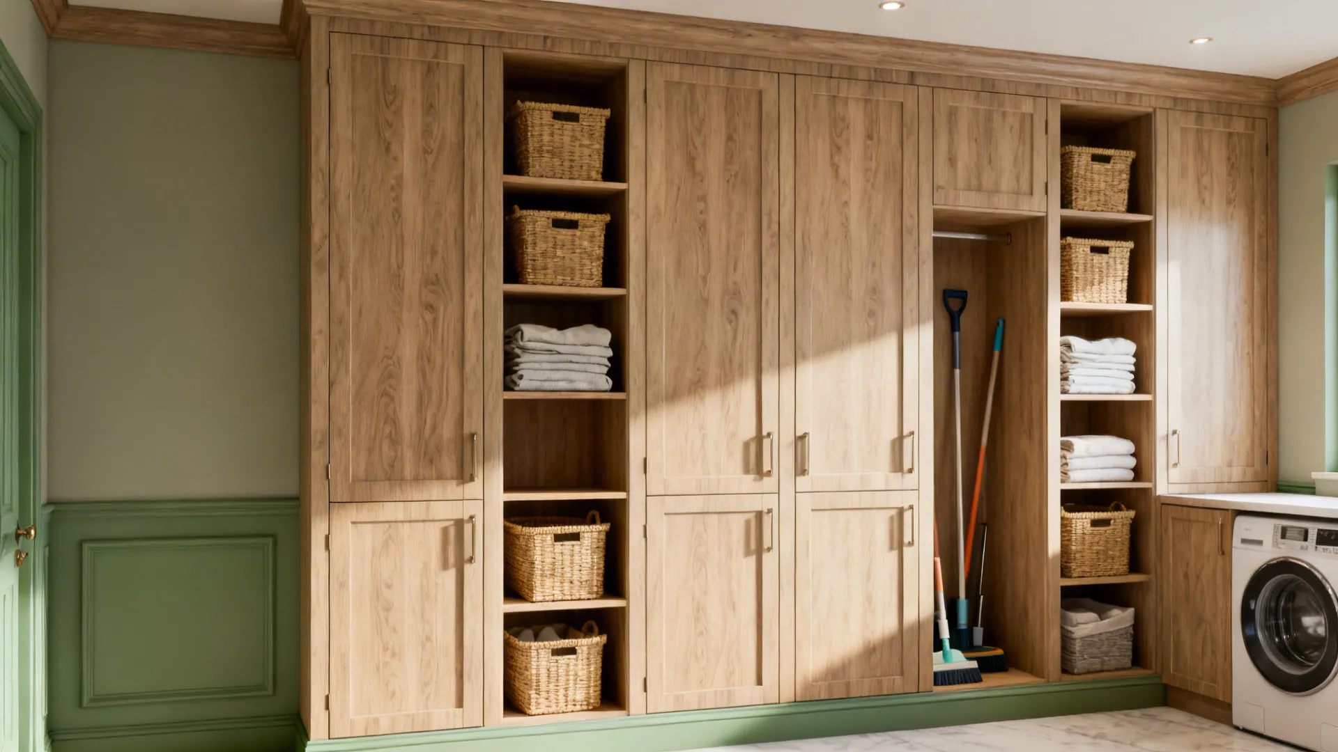 Full-height built-in cabinetry with open cubbies and baskets in a laundry room
