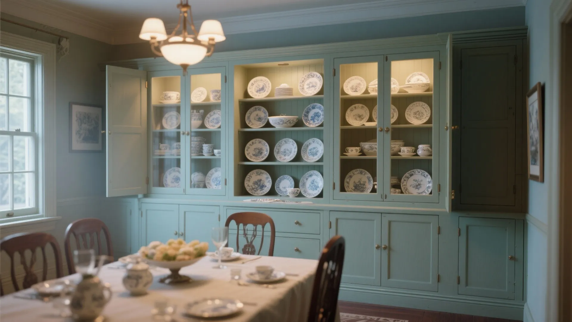 Edwardian dining room with built-in cabinets displaying fine china