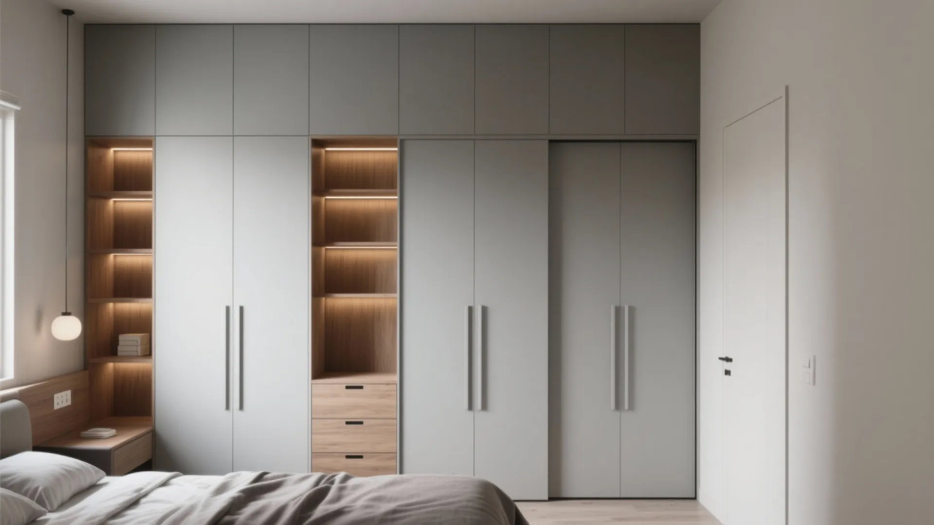Modern grey bedroom cabinet featuring wooden open shelves with warm light and several small drawers