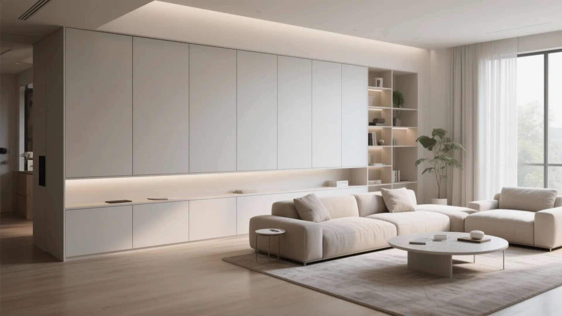 Minimalist living room layout with large white wall cabinets beige sofa round table and floor