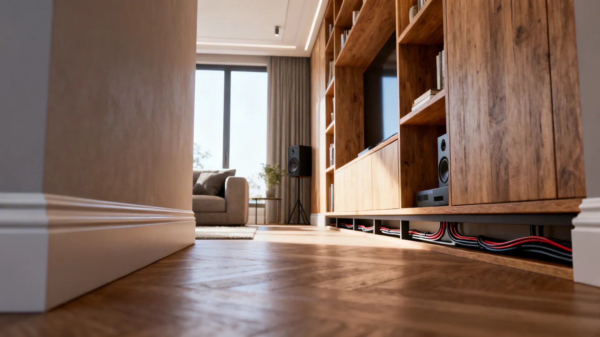 Narrow living room with built-in shelves and trim concealing cables behind baseboards