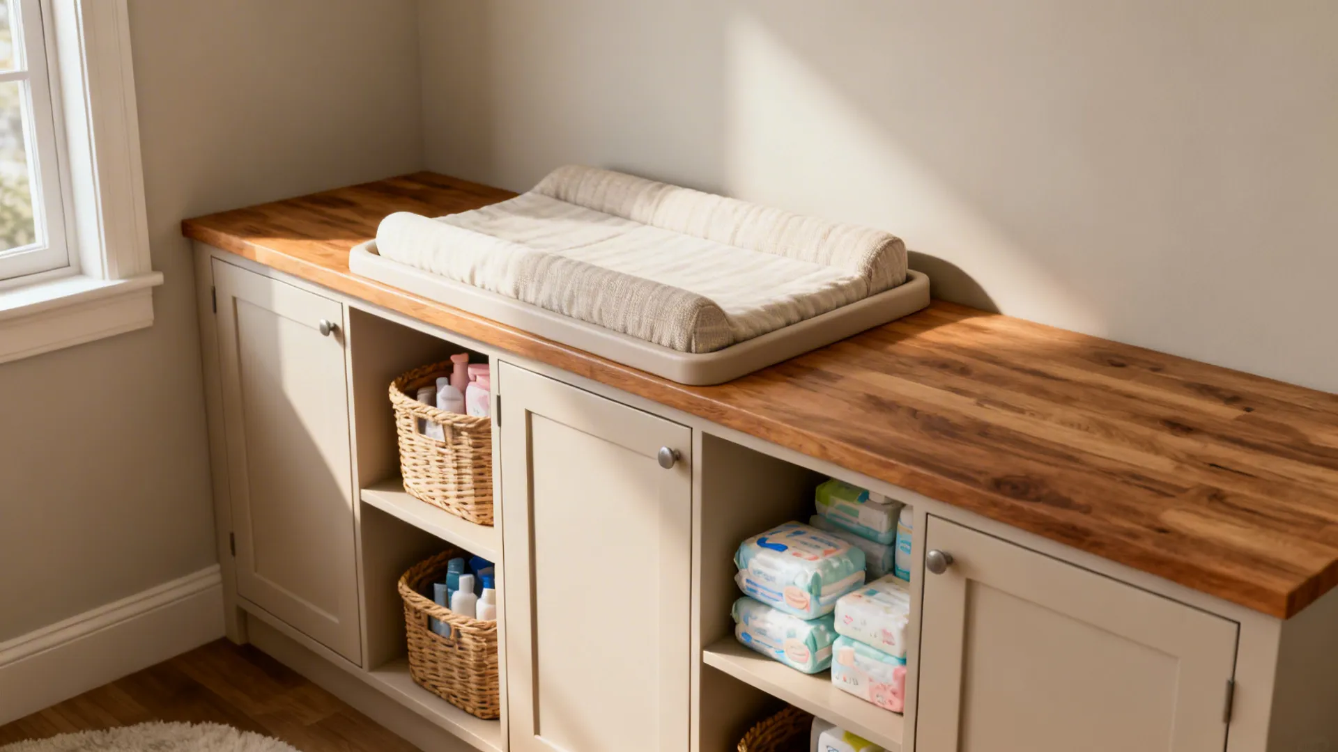 Built-in cabinets with integrated changing top and organized storage in a small nursery.