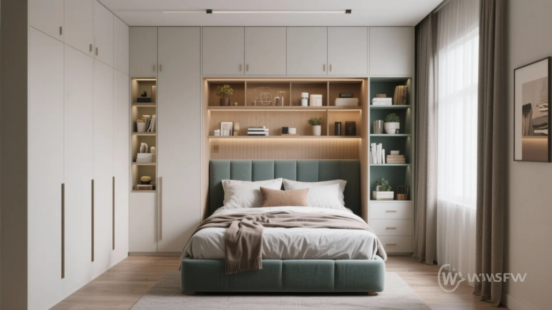 Modern bedroom with teal bed surrounded by white cabinets, lighted wall shelves, and brown curtains
